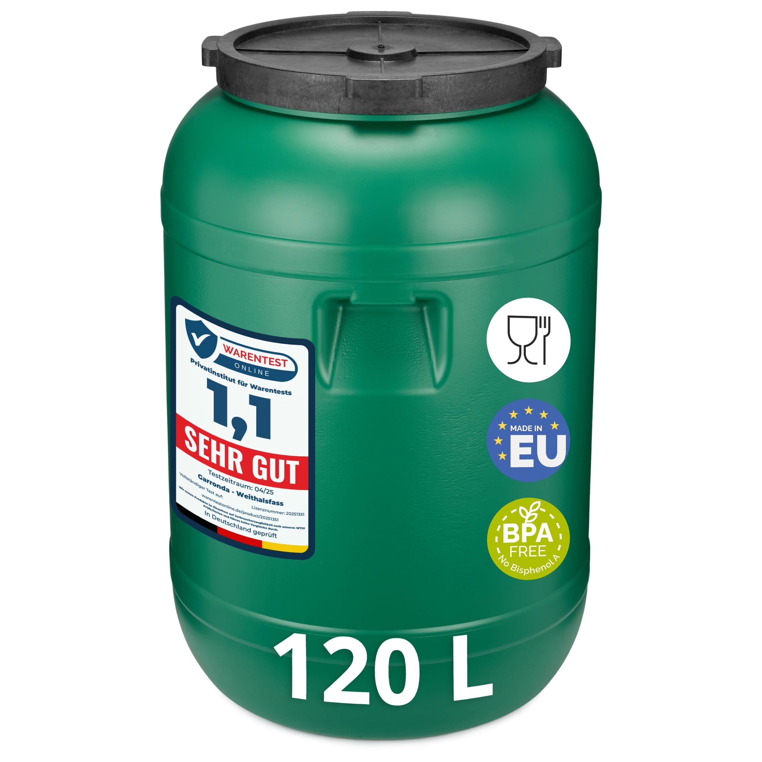 Garronda 120 Liter Deckelfass Weithalsfass aus HDPE Regenfass für Garten Fass Regenwassertonne Futtertonne Universalfass Wasserfass Regentonne Lebensmittelfass Wassertank GD-0078, Grün