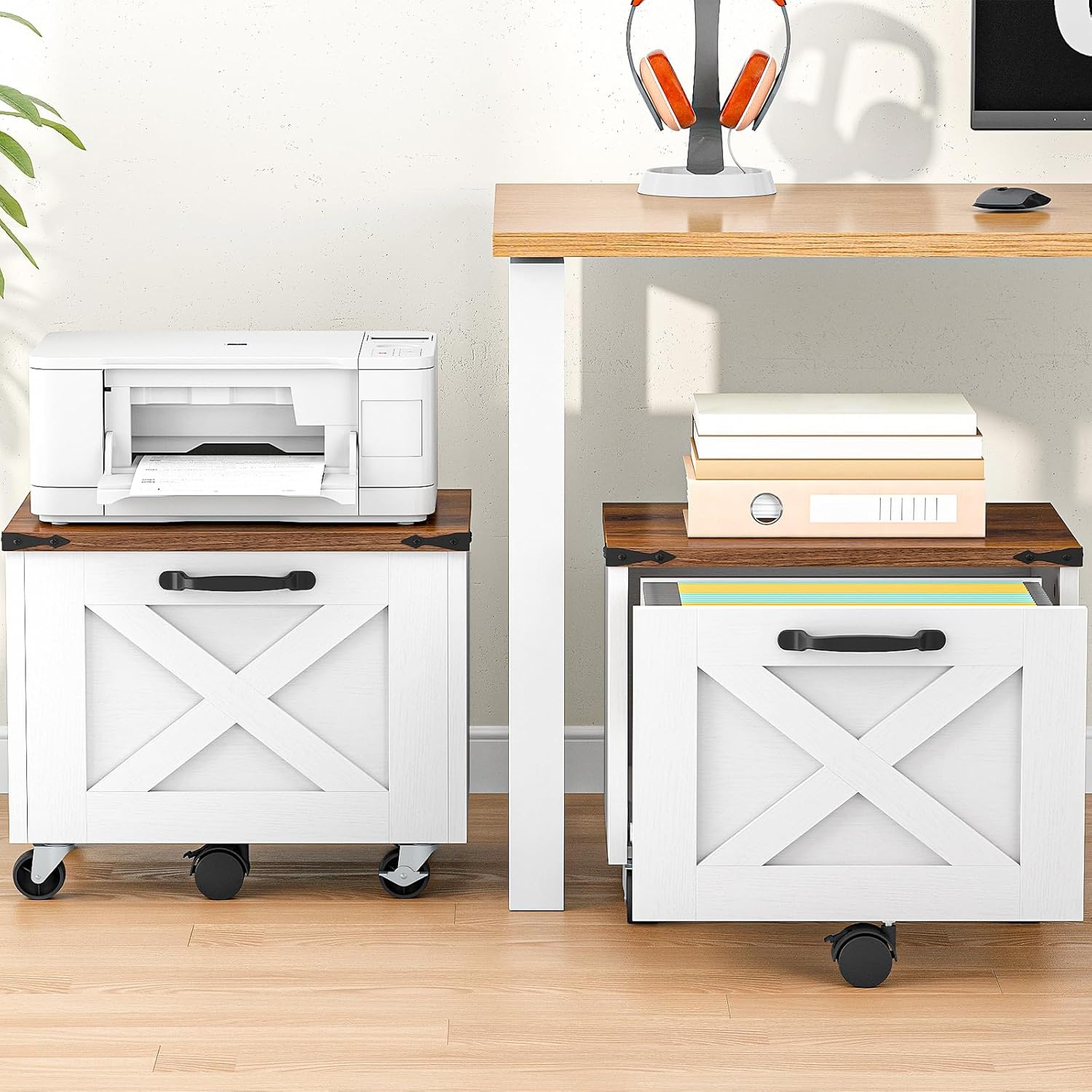 HOOBRO Farmhouse File Cabinet, Small Rolling File Cart Under Desk, 1-Drawer File Cabinet for Home Office, Printer Stand with Drawers, File Organizer Fits A4/Letter Size, White and Walnut, WH34WJ01