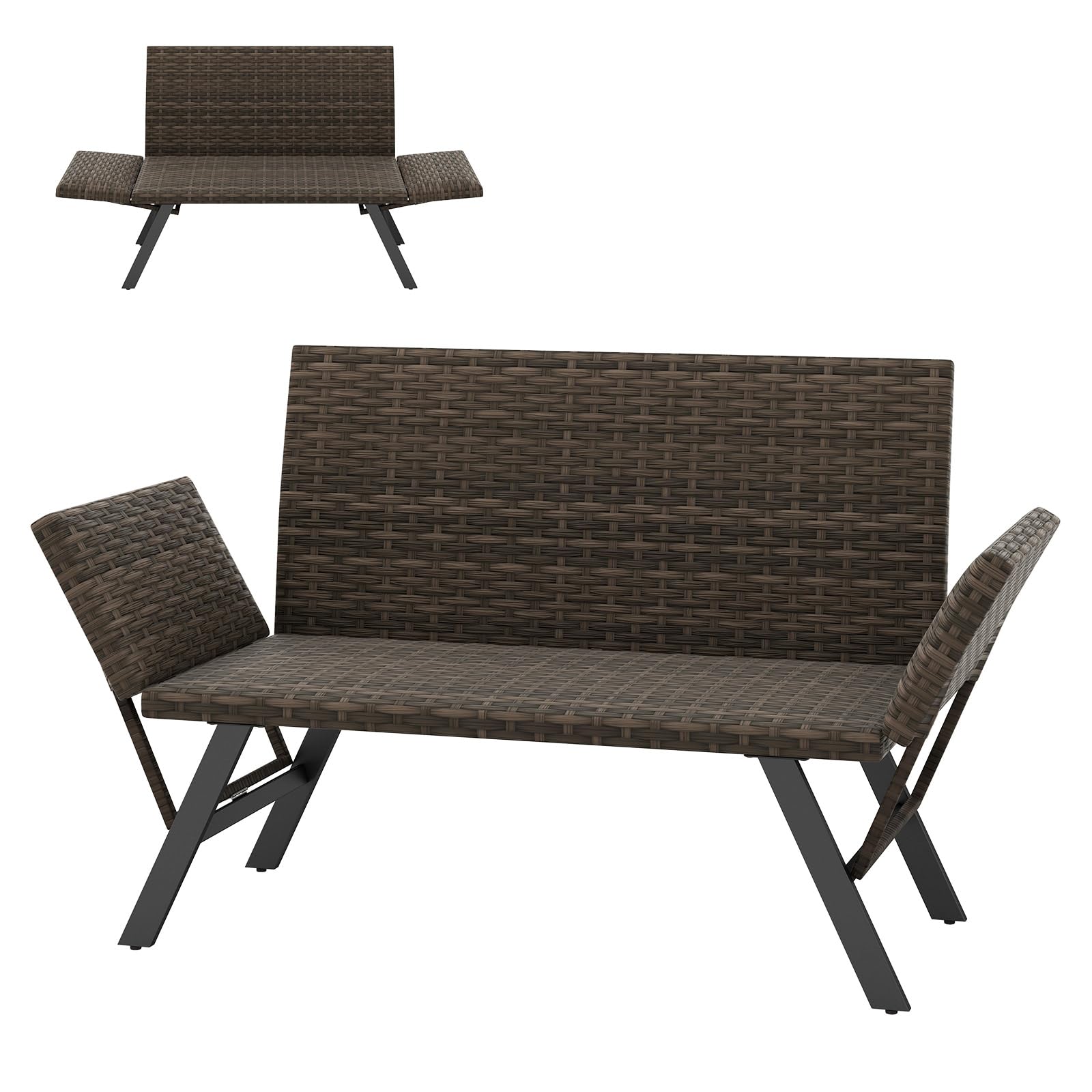 GIANTEX Divano da giardino in rattan a 2 posti, panca convertibile da esterno con braccioli regolabili, design intrecciato, lunghezza 163-178 cm, carico 300 kg, lettino da giardino per terrazza