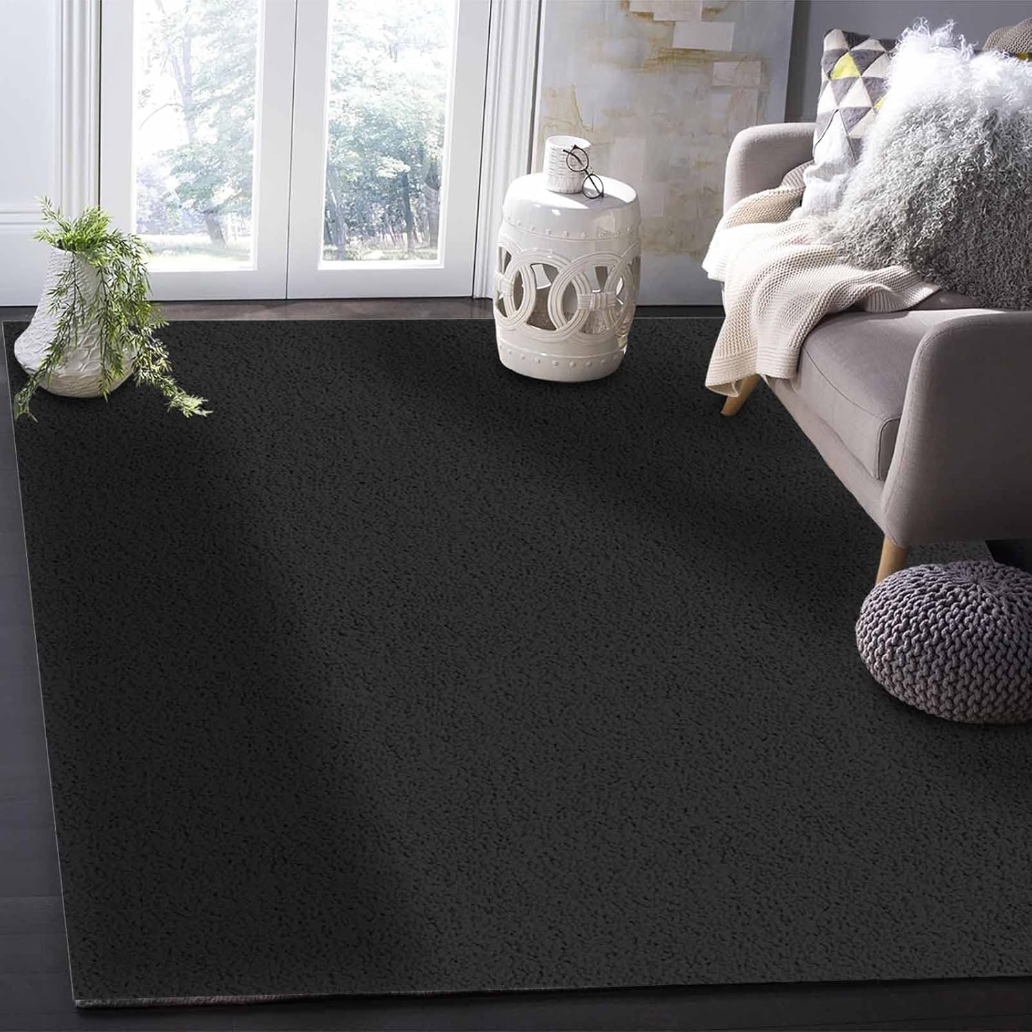 2'7'' x 5' Area Rug, Black Non-Skid Rubber Backing Large Rectangle Rugs - Living Room Bedroom Home Office Solid Color Modern Minimalist Art Indoor Floor Mat Carpets
