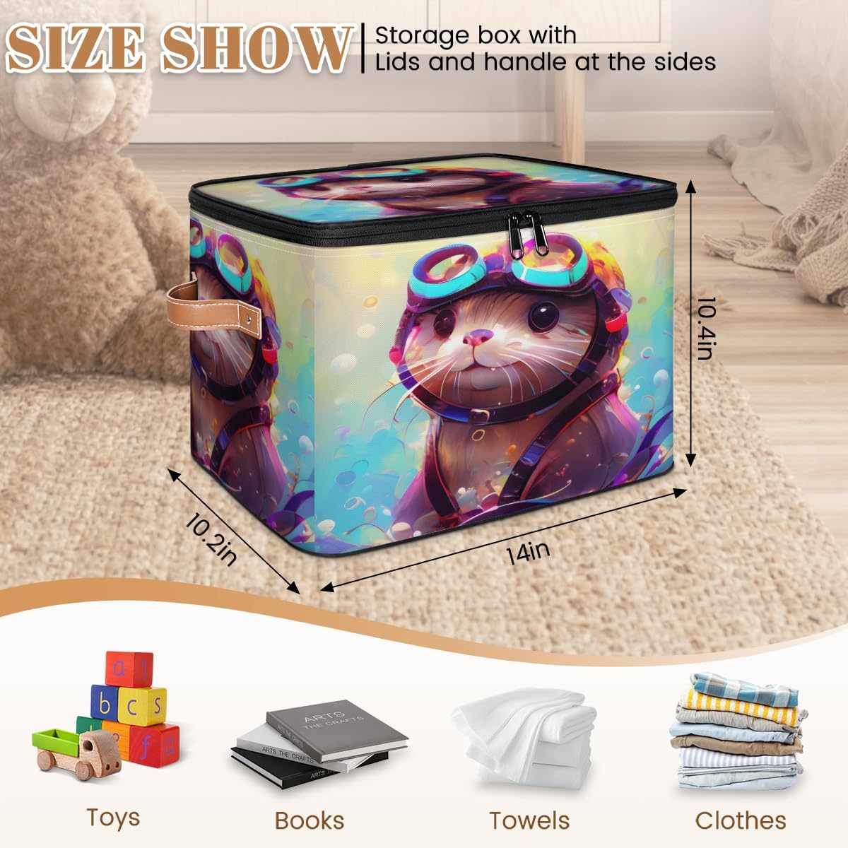 Storage Bin Set of 2 Cute Animal Storage Basket with Zipper Lid & Handle Foldable Closet Shelf 2 Pack Cloth Organizer Basket Cube Bins Clothes Organizer for Bedroom, Nursery