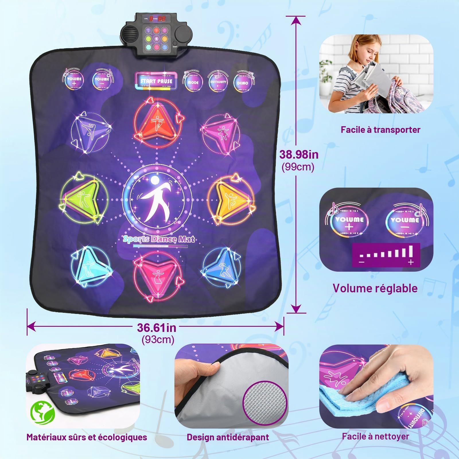 Tapis de Danse pour Enfants pour Filles de 3 à 12 Ans, 9 Modes de Jeu avec Difficulté & Volume Réglables, Tapis de Danse Musical Portable et Sécurisé avec 9 Boutons pour Intérieur & Extérieur