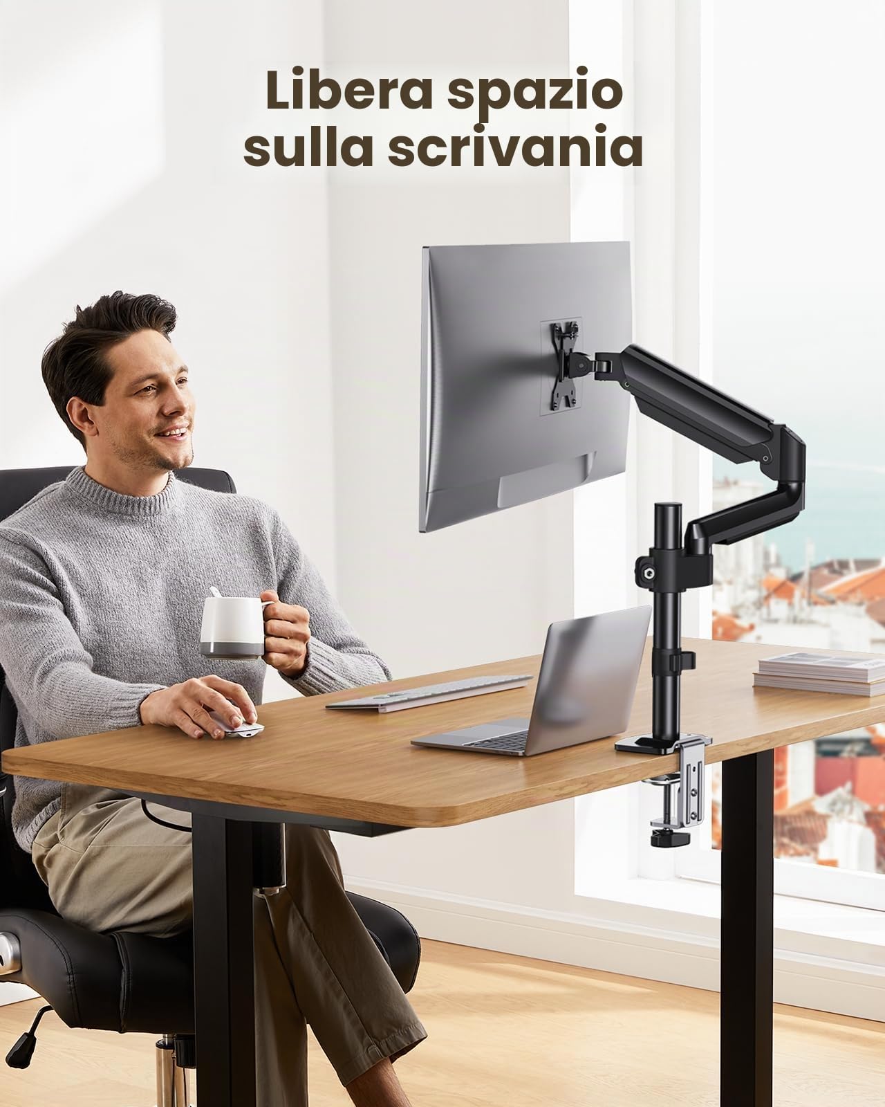 ErGear Supporto Monitor Singolo, Braccio Monitor Scrivania per PC da 13-32 pollici con Capacità di 9kg, Supporto Scrivania con Funzione Girevole/Inclinabile/Rotante, VESA 75x75 o 100x100mm