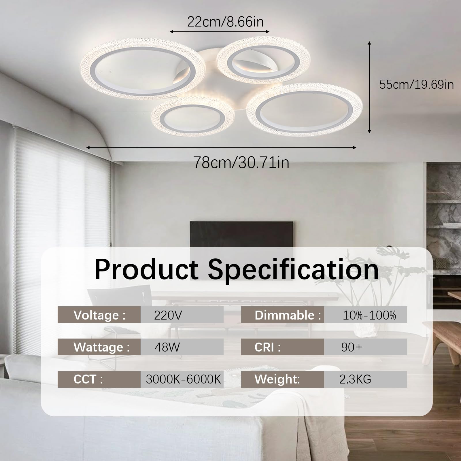 Nowoczesna Lampa Sufitowa z Pilotem i APP, 4-Pierścieniowa Regulowana Lampa Wisząca z Funkcją Pamięci i Regulacją Jasności, 48W LED, do Salonu, Sypialni i Pokoju Dziennego -White