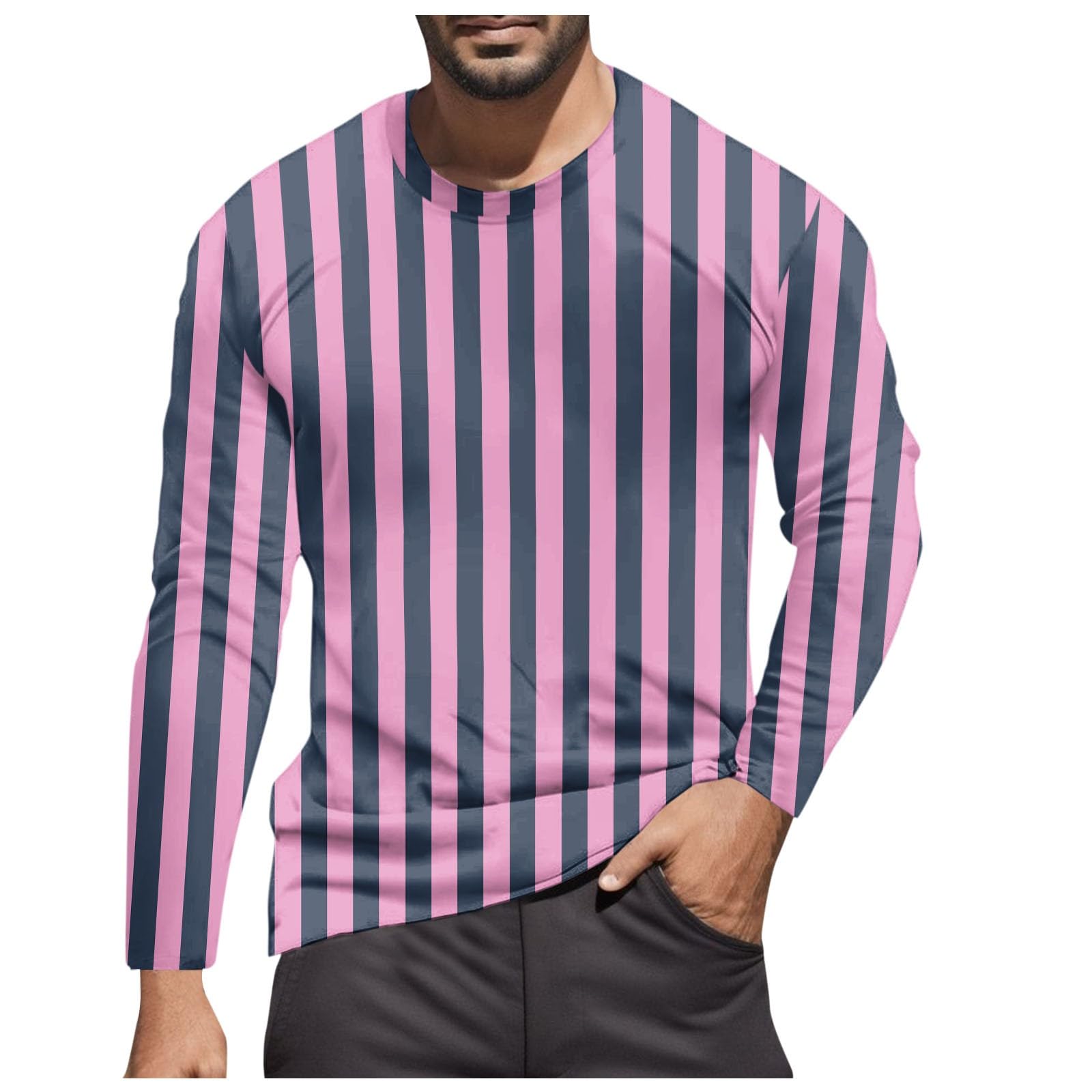 Striped Shirt Men Women Red White Long Sleeve T-Shirt Carnival Long Sleeve T-Shirt Horizontal Stripes Wide Stripes Fine Stripes Crew Neck Leisure Top Striped Shirt Fancy Dress Costumes, Pink 9, S