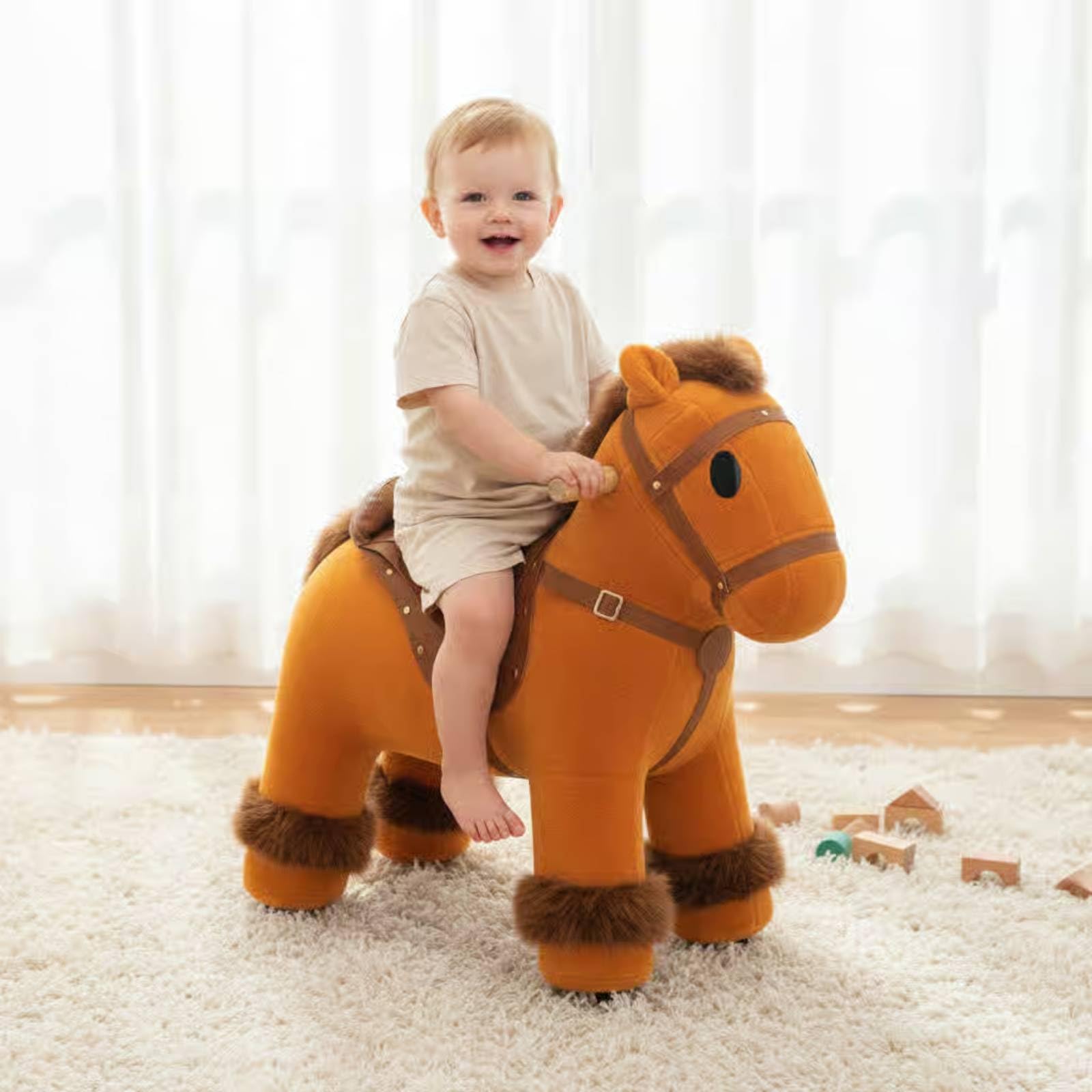 Cavallo Cavalcabile di Peluche Decorativo Sgabello Cavallo senza senza Alimentazione Elettrica Arredo Gioco per Bambini, Rosso, 70 30 75 Cm