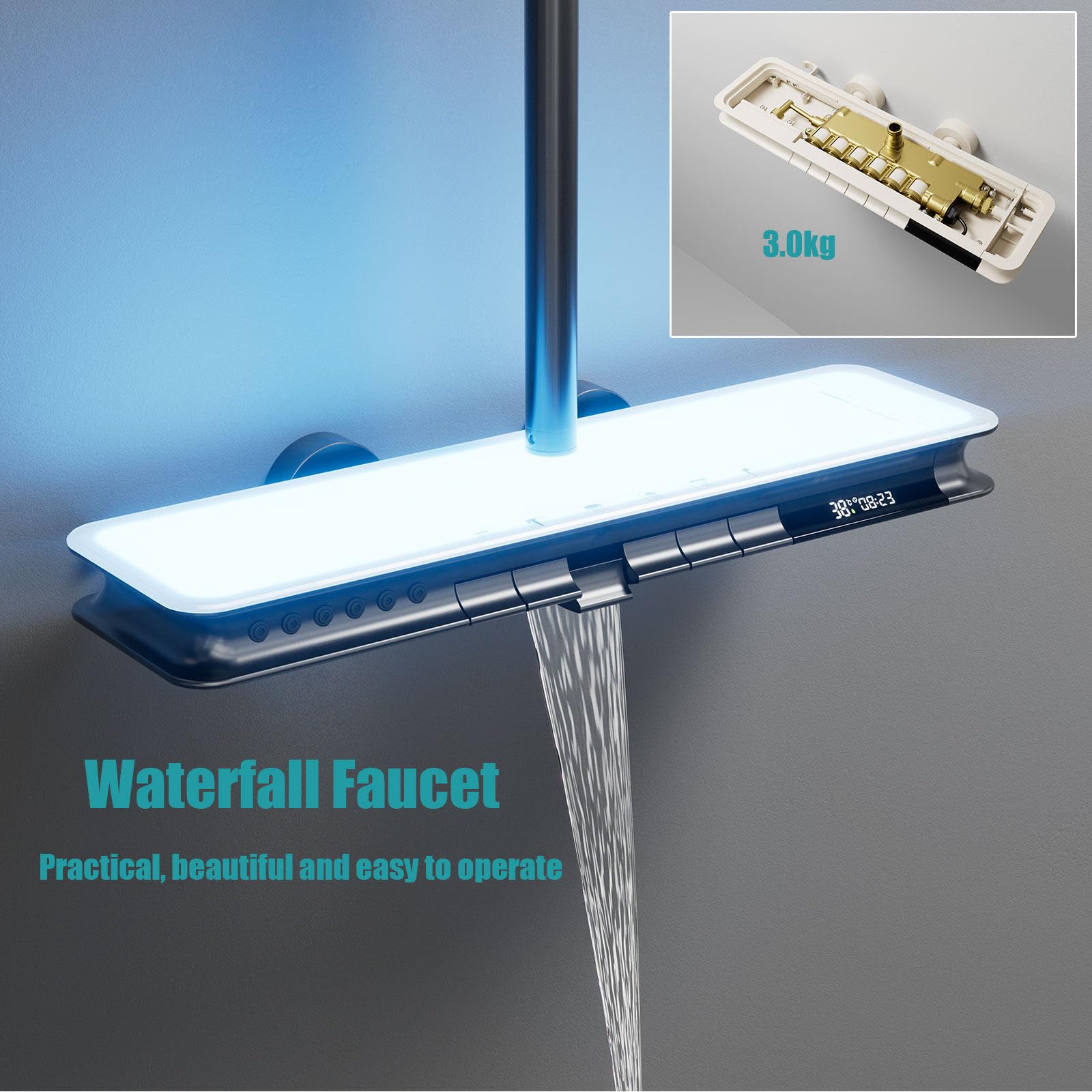 BEITH Sistema de Ducha Termostático, Moderno Lujoso 6 Funciones Columna de Ducha con Masaje Corporal, Lluvia, Cascada Cuadrado Set De Ducha con Grifo, Teclas del Piano, Pantalla Digital, Altura Fija