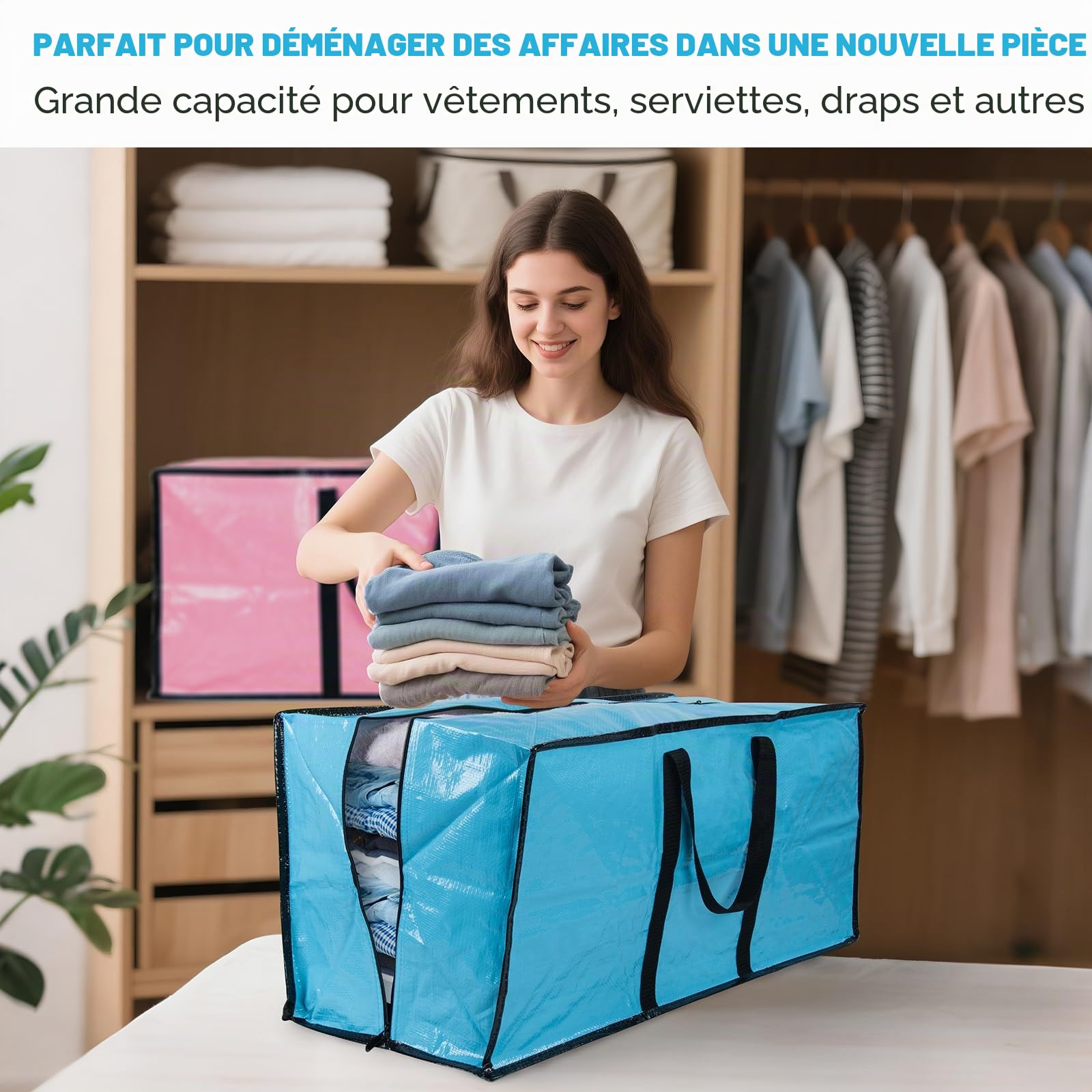 Lot de 6 boîtes de déménagement extra larges avec couvercle et fermetures éclair, grandes boîtes de rangement robustes pour déménagement, vêtements, couettes, voyages, sacs à linge, sacs d'emballage