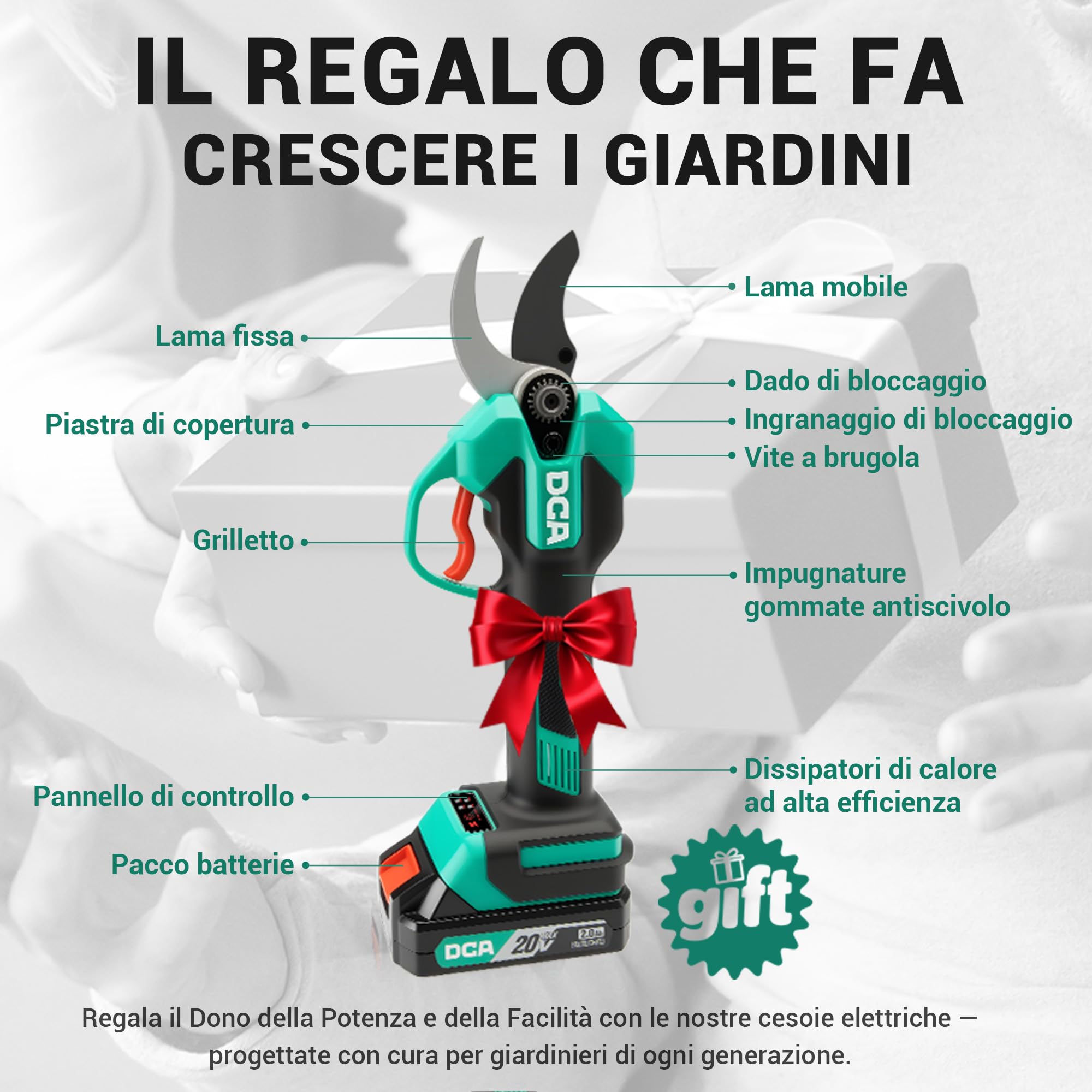 DCA Forbici Portatili a Batteria 20V, max 35mm Brushless Cesoie Potatura Elettriche con 2,0Ah batteria, Lama SK5 Forbice Elettrica con custodia di sicurezza portatile per Frutteto Parco Fattoria Olivo