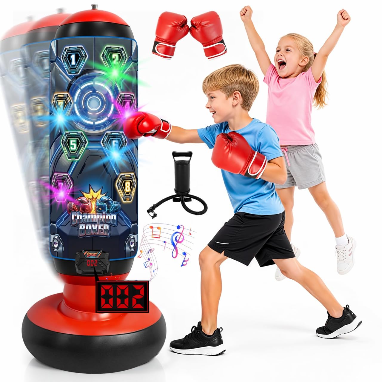 FOTSHARER Kinder-Boxsack mit Handschuhen und Pumpe, aufblasbares Boxset, elektronischer Boxsack mit Musik und Lichtern, freistehendes Kampfsportspielzeug mit 4 intelligenten Spielmodi für Kinder