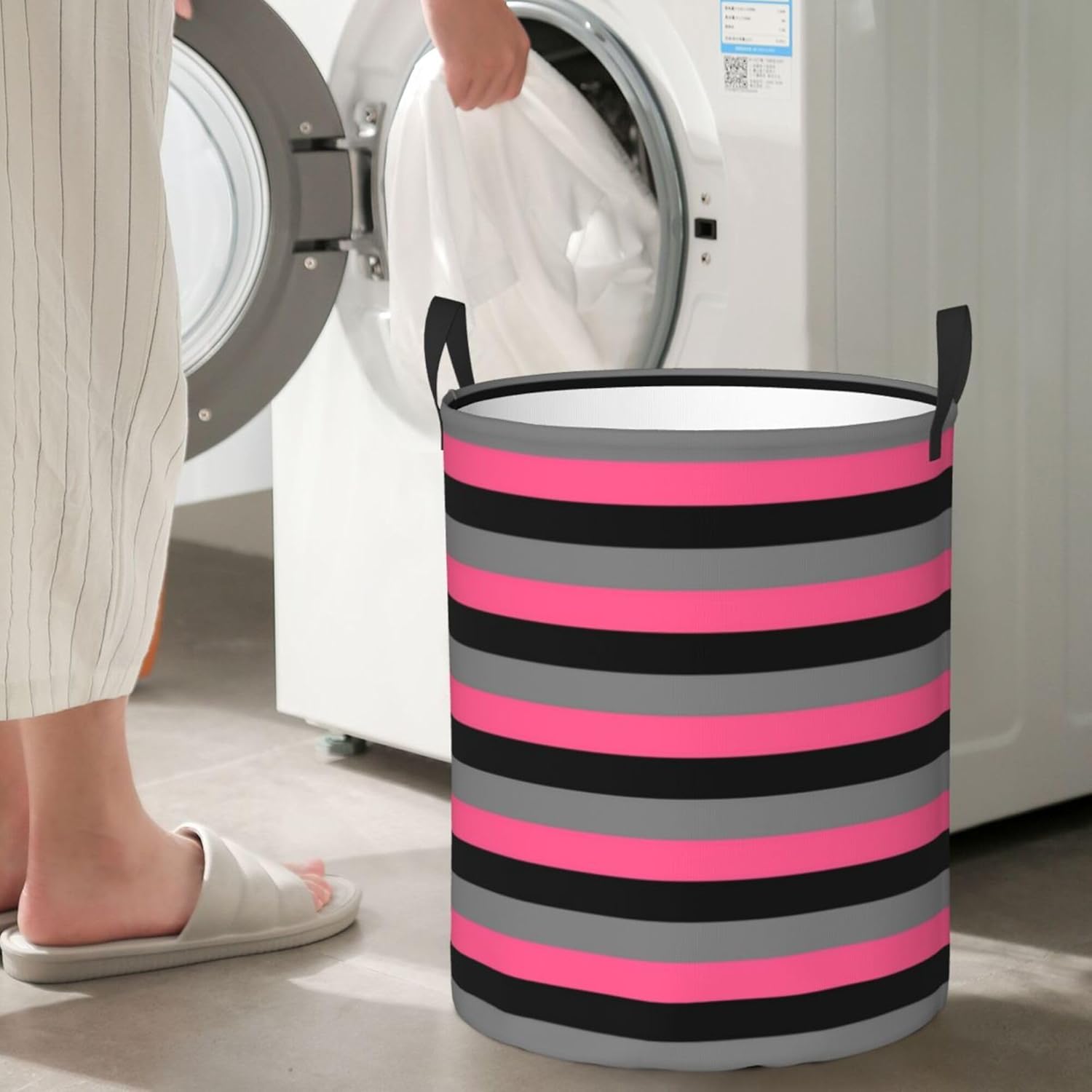 Large Laundry Basket, Black, Charcoal Grey and Hot Pink Stripes Collapsible Laundry Hamper Dirty Clothes Washing Bin for College Dorm Storage Essentials