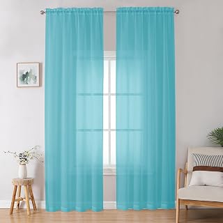 OWENIE Aqua Sheer Curtains for Bedroom Living Room 96 Inches Long 2 Panels Set, Soft Solid Light Filtering Clear Sheer Ceiling to Floor for Large Window, 2Pcs, Each 42" W x 96" L, Aqua