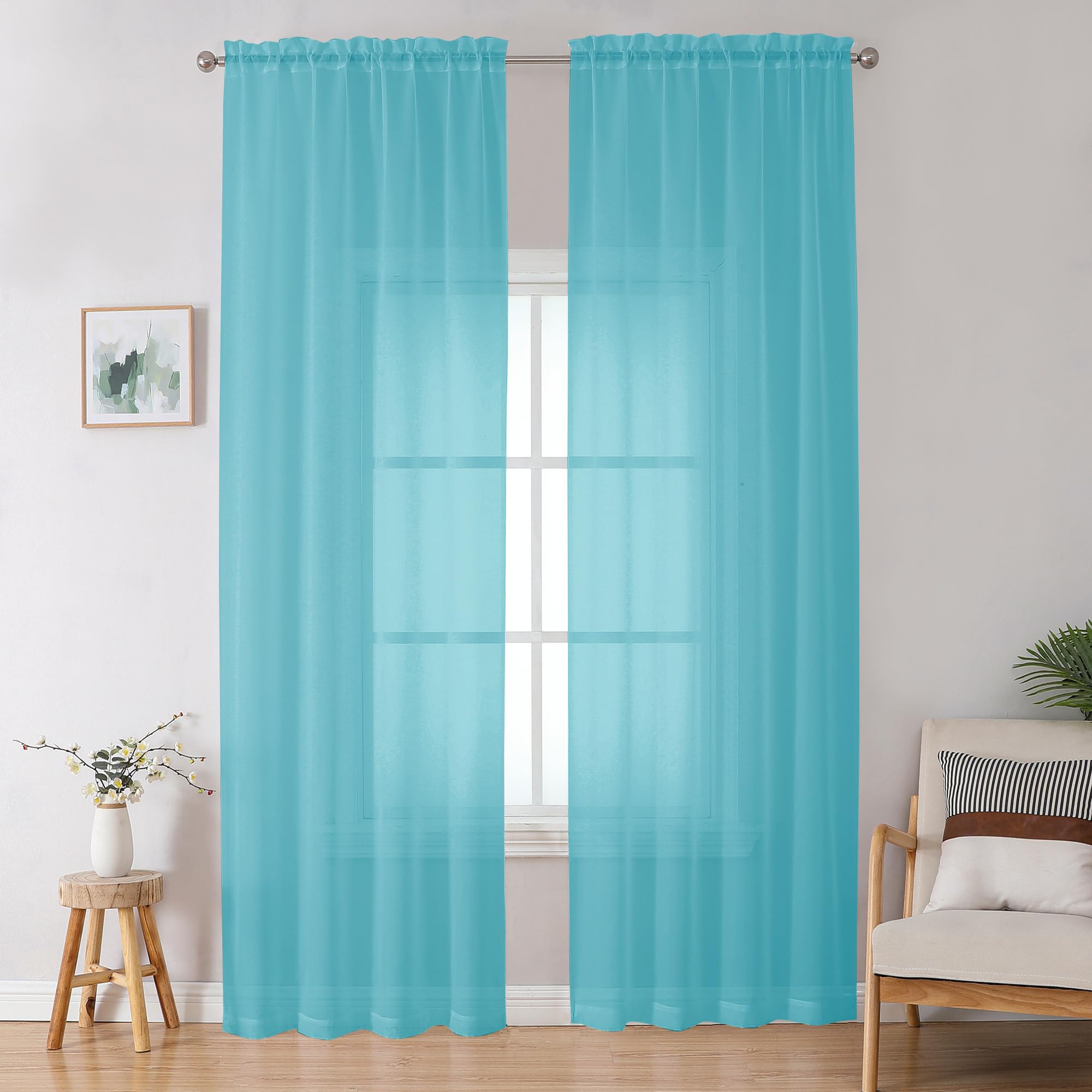 OWENIE Aqua Sheer Curtains for Bedroom Living Room 96 Inches Long 2 Panels Set, Soft Solid Light Filtering Clear Sheer Ceiling to Floor for Large Window, 2Pcs, Each 42" W x 96" L, Aqua