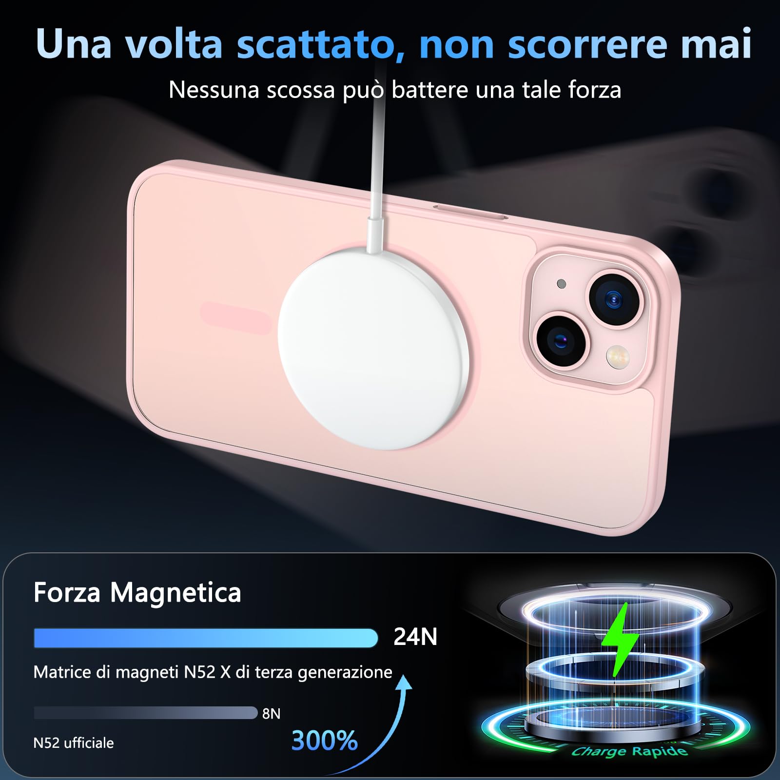 Hensinple Magnetica Cover per iPhone 13 / Cover iPhone 14 con Vetro Temperato [Compatibile con MagSafe],Custodia Traslucida Opaca Protezione Antiurto Resistente ai graffi Sottile Case - Rosa