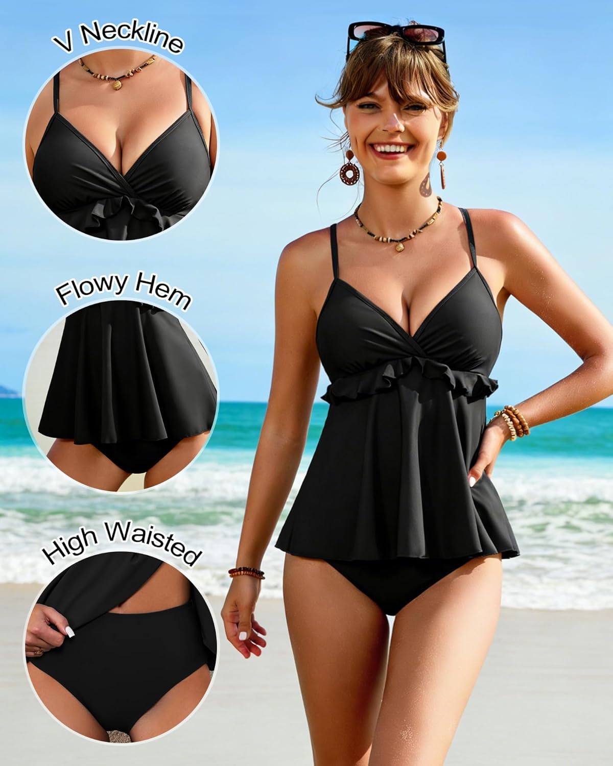 Jolefille Tankini Swimsuits for Women Tummy Control Two Piece Bathing Suit Flowy Top High Waisted Modest Swimwear Cute Floral