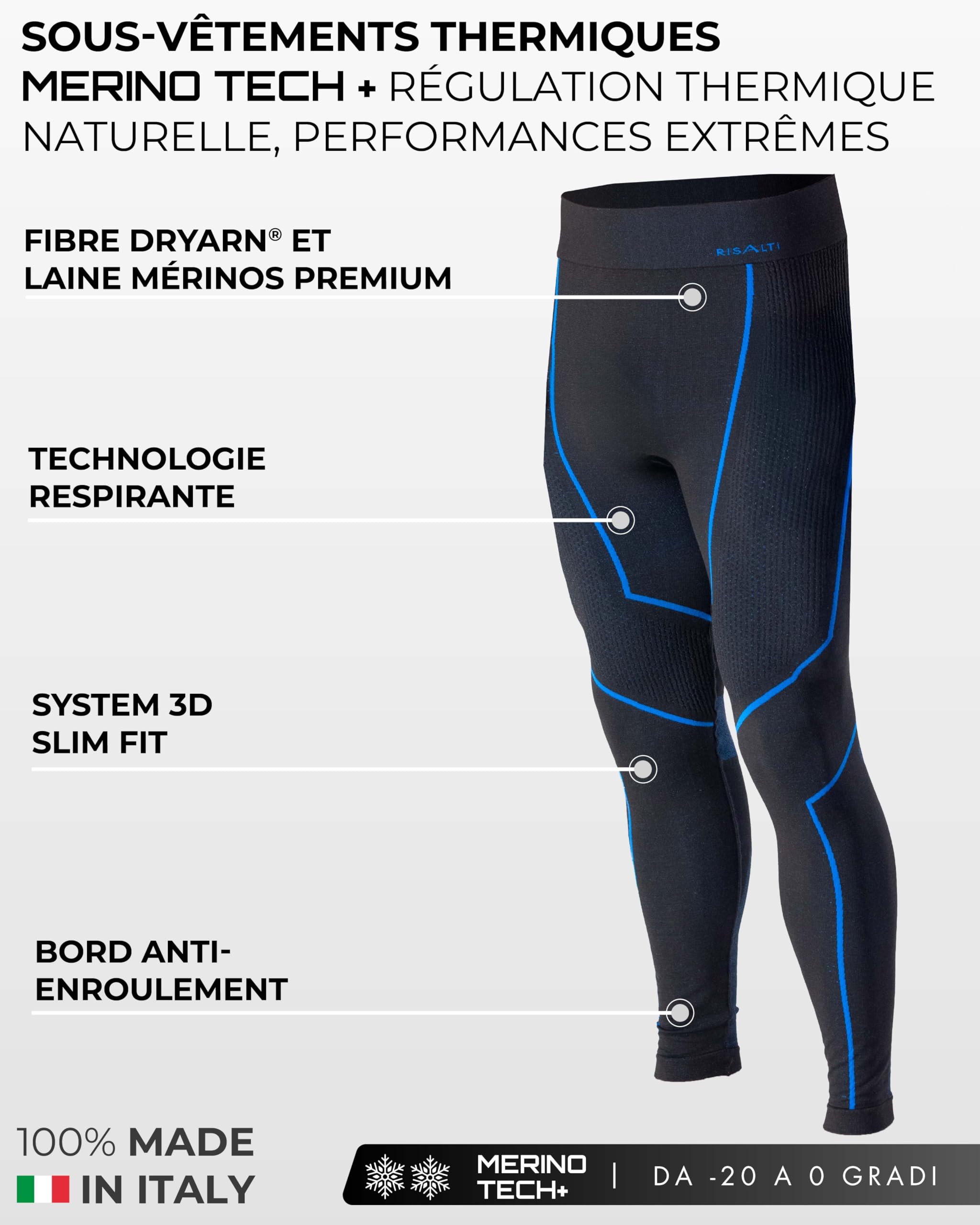 Risalti Collant thermique homme Merino Tech – Pantalon thermique pour homme à compression en laine mérinos, collants pour homme, sous-vêtements thermiques pour homme d'hiver – sans couture – Fabriqué