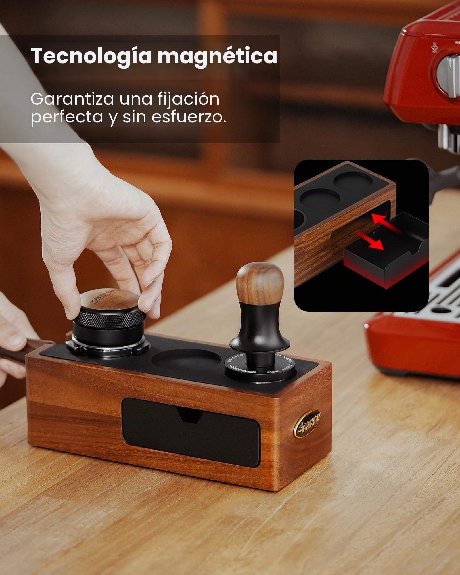 MHW-3BOMBER Estación de apisonamiento de espresso, caja organizadora 4 en 1 de nogal con cajón magnético para almacenamiento de espresso de 51 a 58 mm, distribuidor, portafiltro y accesorios de