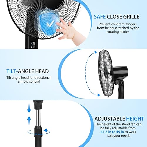 Miniatura 4 de Aigostar Ventilador de pedestal de 7 aspas oscilante con control remoto, ventilador de pie de 16 pulgadas para dormitorio, temporizador de 9H, 3
