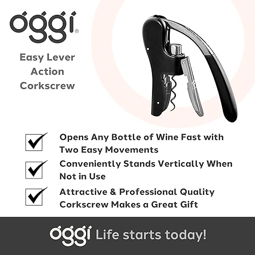 Miniatura 7 de OGGI Sacacorchos Lever Action - Abridor de botellas de vino, sacacorchos manual de mano con bomba de palanca, diseño de pie, gusano antiadherente y