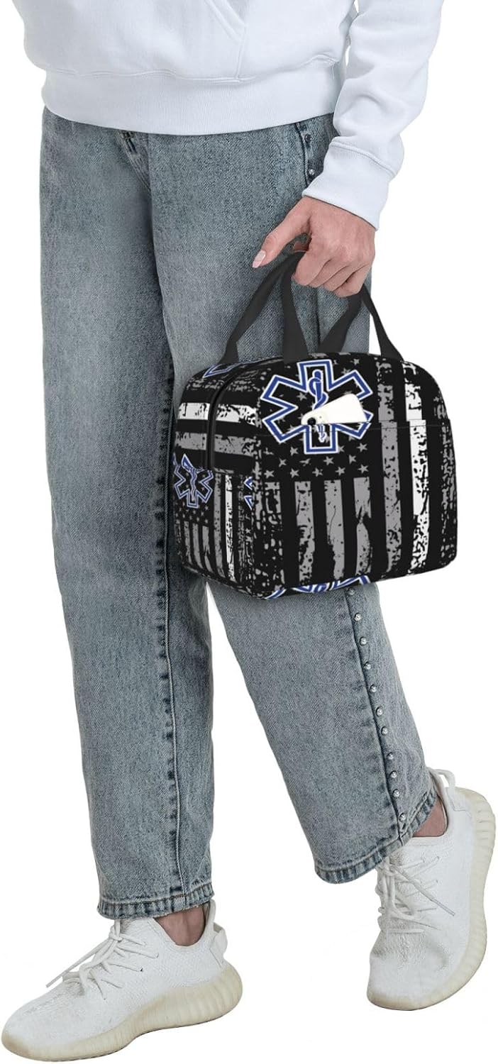 Thin White Line EMS Paramedic American Flag Insulated Lunch Box Large Capacity Thermal Lunch Bag Cooler Lunch Meal Tote Bag Reusable Handbag With Front Pocket For Work Picnic Travel Hiking