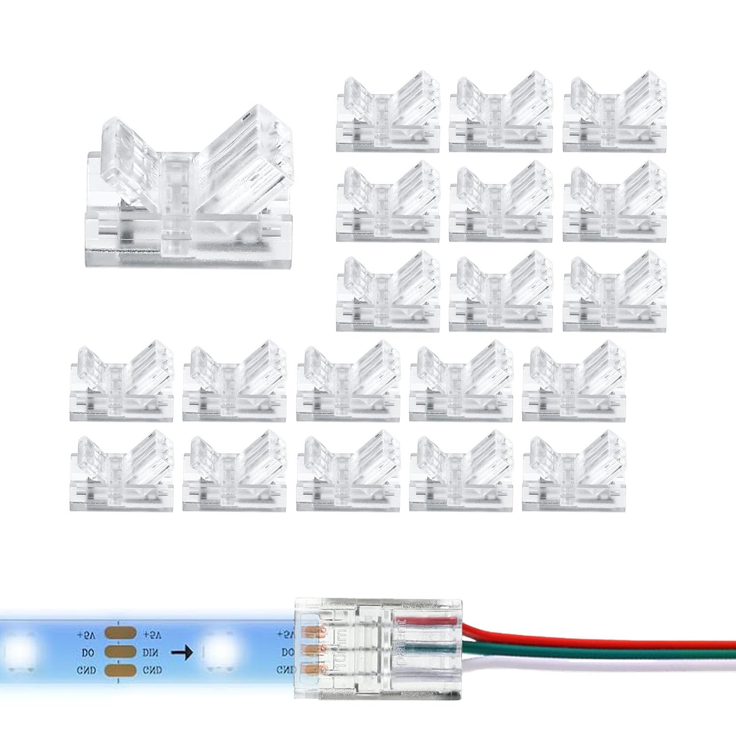 20 Pcs 3 Pin LED Light Connectors 10mm Terminal Strip Connectors Clear Track Lighting Connectors,Strip to Wire Quick Connector for 5050 RGB Strip Light