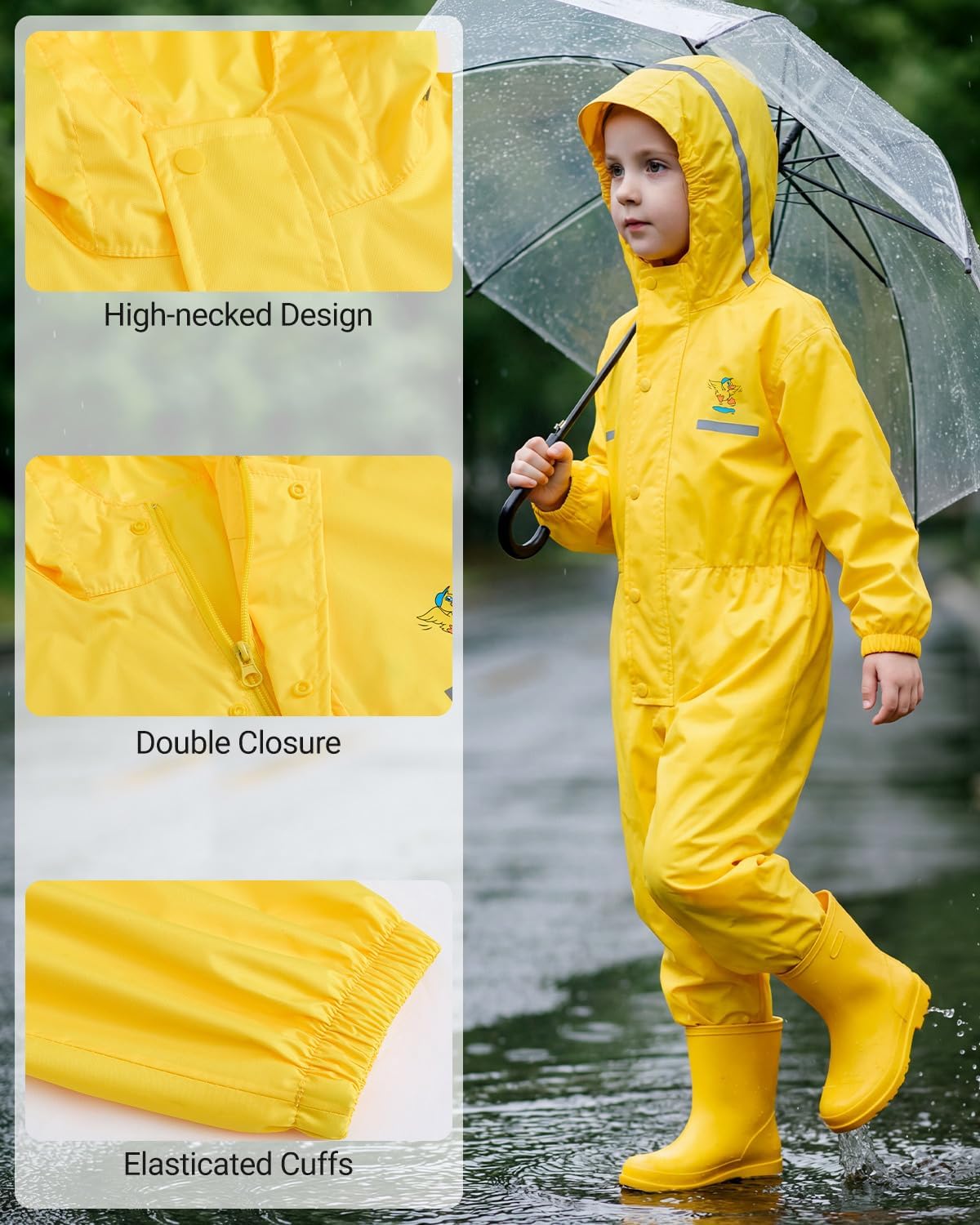 JiAmy Kids Toddler One Piece Rain Suit, Muddy Buddy Style Coverall for Daycare Outdoor Play (Ages 2-14)