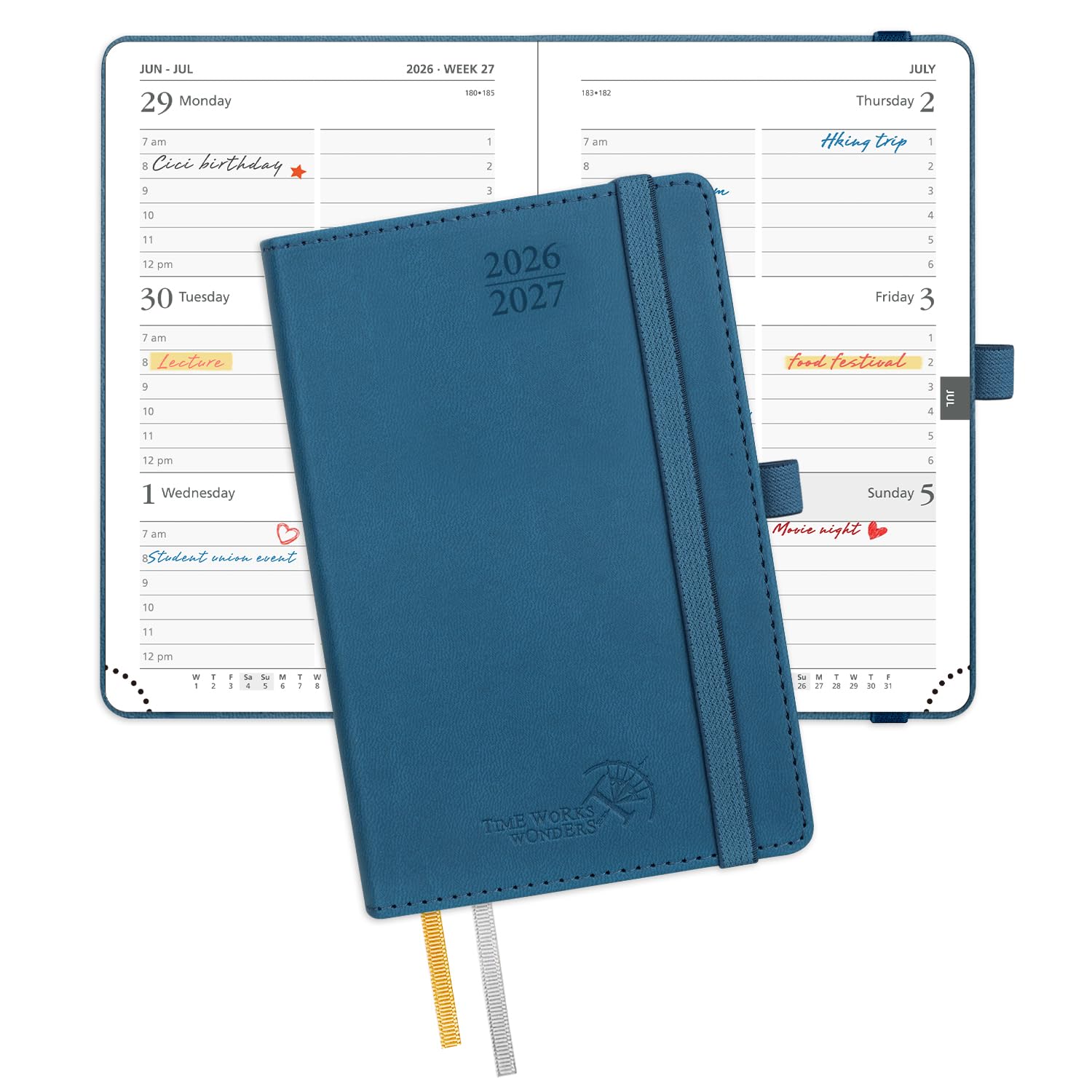 POPRUN Pocket Planner 2026-2027, Purse Size-4" x 6.25", Pocket Calendar (July 2026-June 2027) for Purse, Academic Small Weekly Planner with Hourly Slots, Leather Soft Cover, 100GSM - Night Sky Blue