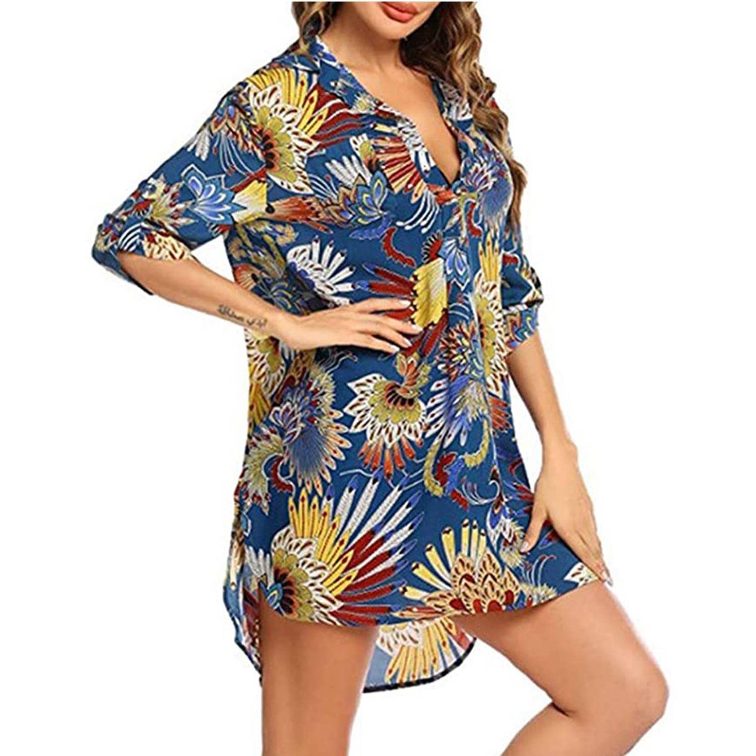 Cuello en V Pareos Playa Vestido de Playa Camisero de Manga Corta Mujer Camisa Suelta Vestido Pareo Playa Ropa de Baño Playa Bikini Cover up