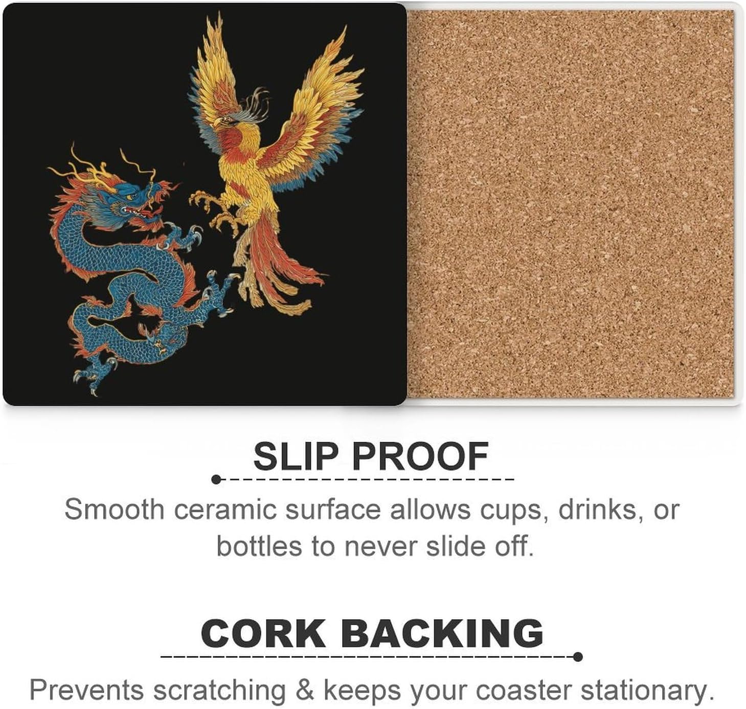 Chinese Dragon and Phoenixbird Coaster for Drinks Square Ceramic Table Coasters Stone Mat Crafts 6PCS Home Kitchen Decor