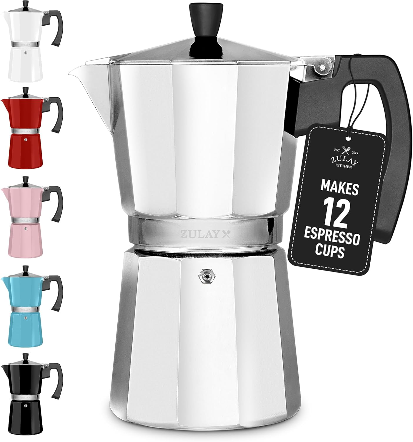 Zulay Moka Pot Espresso Stovetop Coffee Maker - Leak-Proof, Stainless Steel, Easy to Clean, Heat Resistant Handle & Knob -for Authentic Cuban & Italian Style Espresso - Makes 12 Espresso Cups - Silver