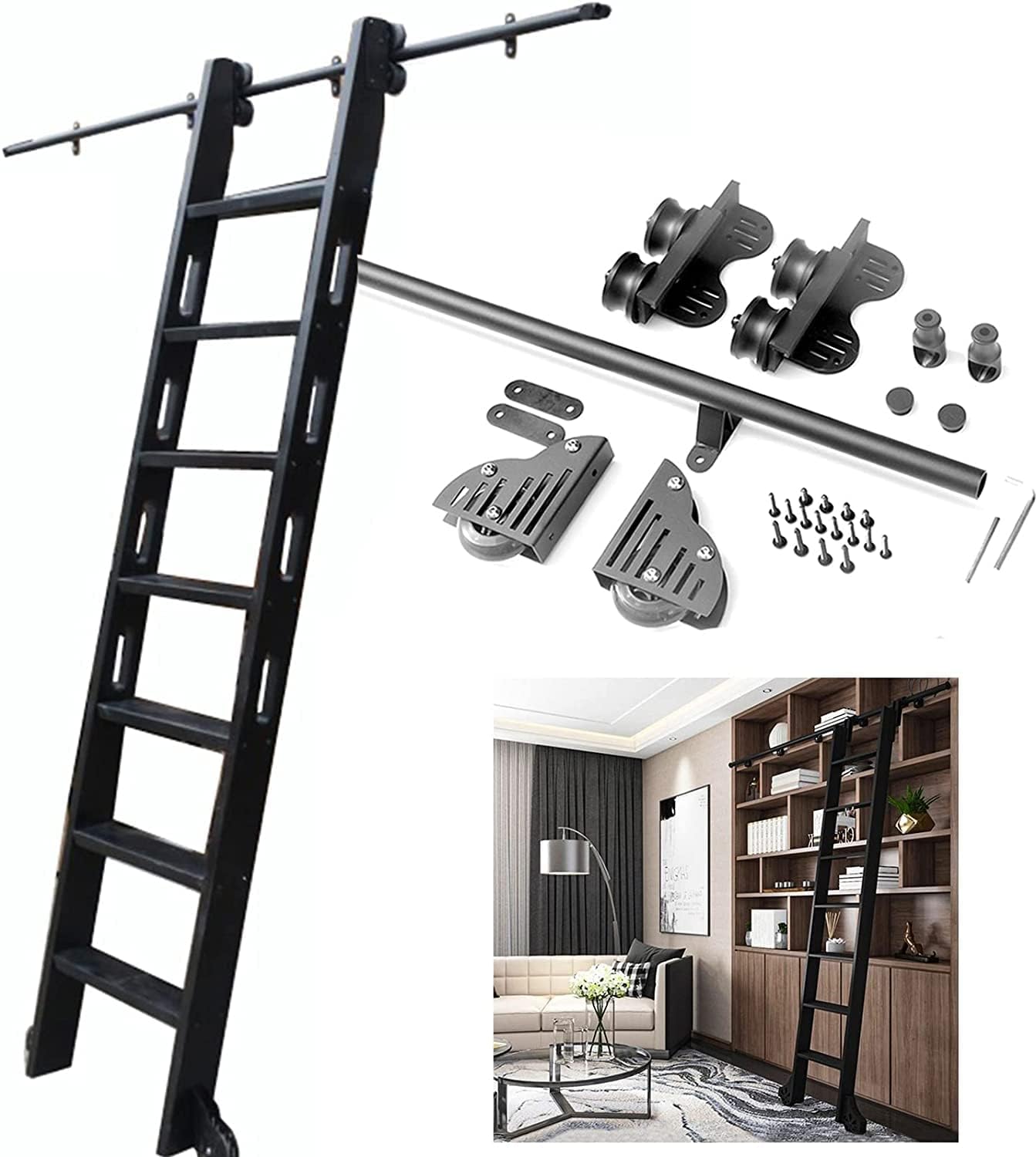 Retractable Sliding Ladder Hardware Kit 3.3ft-20ft, Rolling Ladder Track Round Track/Rail with Floor Roller Wheels, Library Mobile Ladder Track Kit for Home Office (No Ladder), Rustic Black