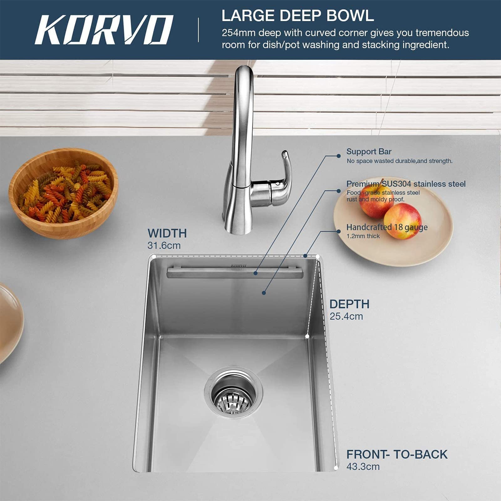 KORVO - Fregadero de cocina para estación de trabajo, 37 cm x 48 cm, hecho a mano de calibre 16 SUS304 de acero inoxidable con tabla de cortar de bambú