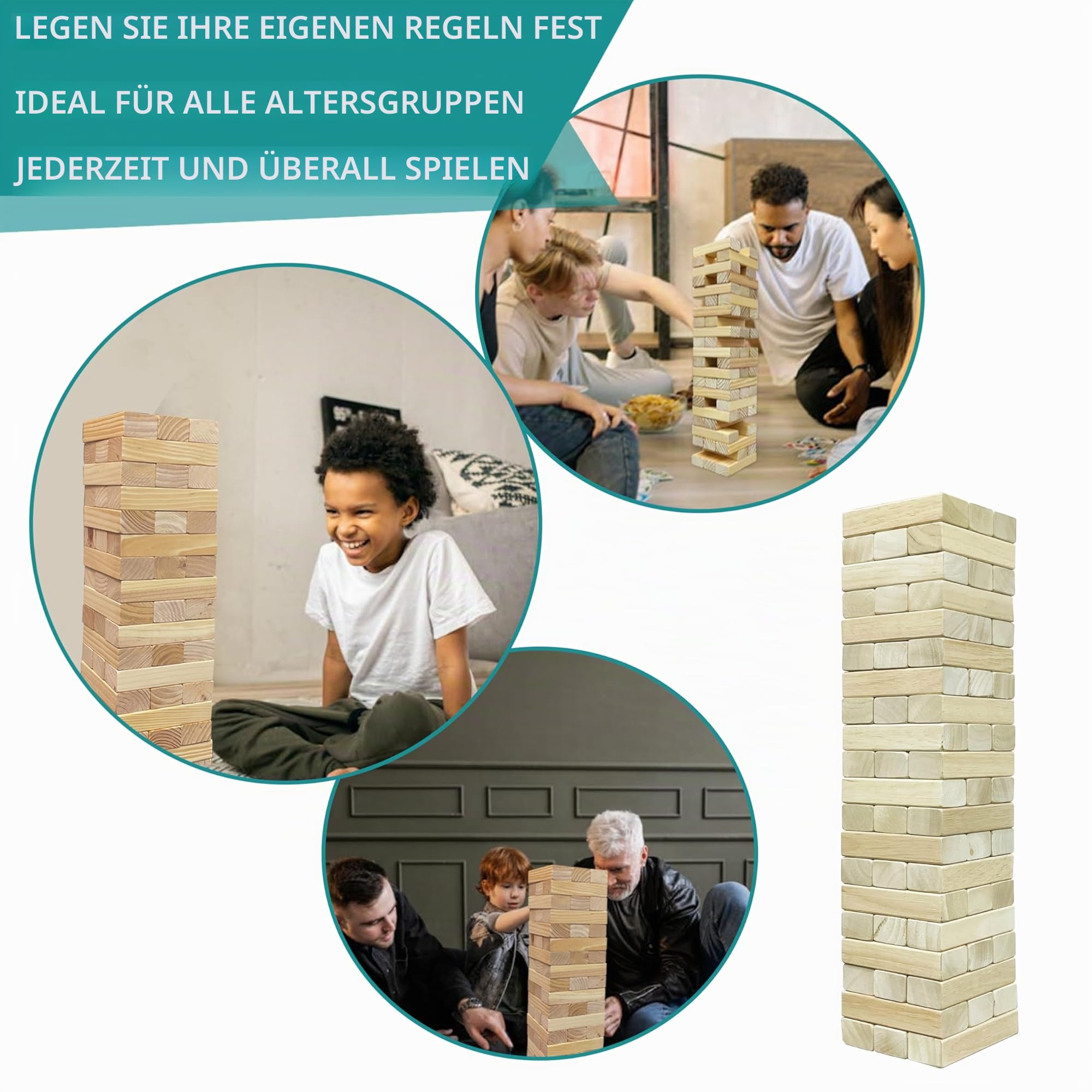 Holz-Trommelturm-Spiel, Toppling-Block, Stapelspiel, Holz, Outdoor-Hof-Spiele für Familie,60 pcs