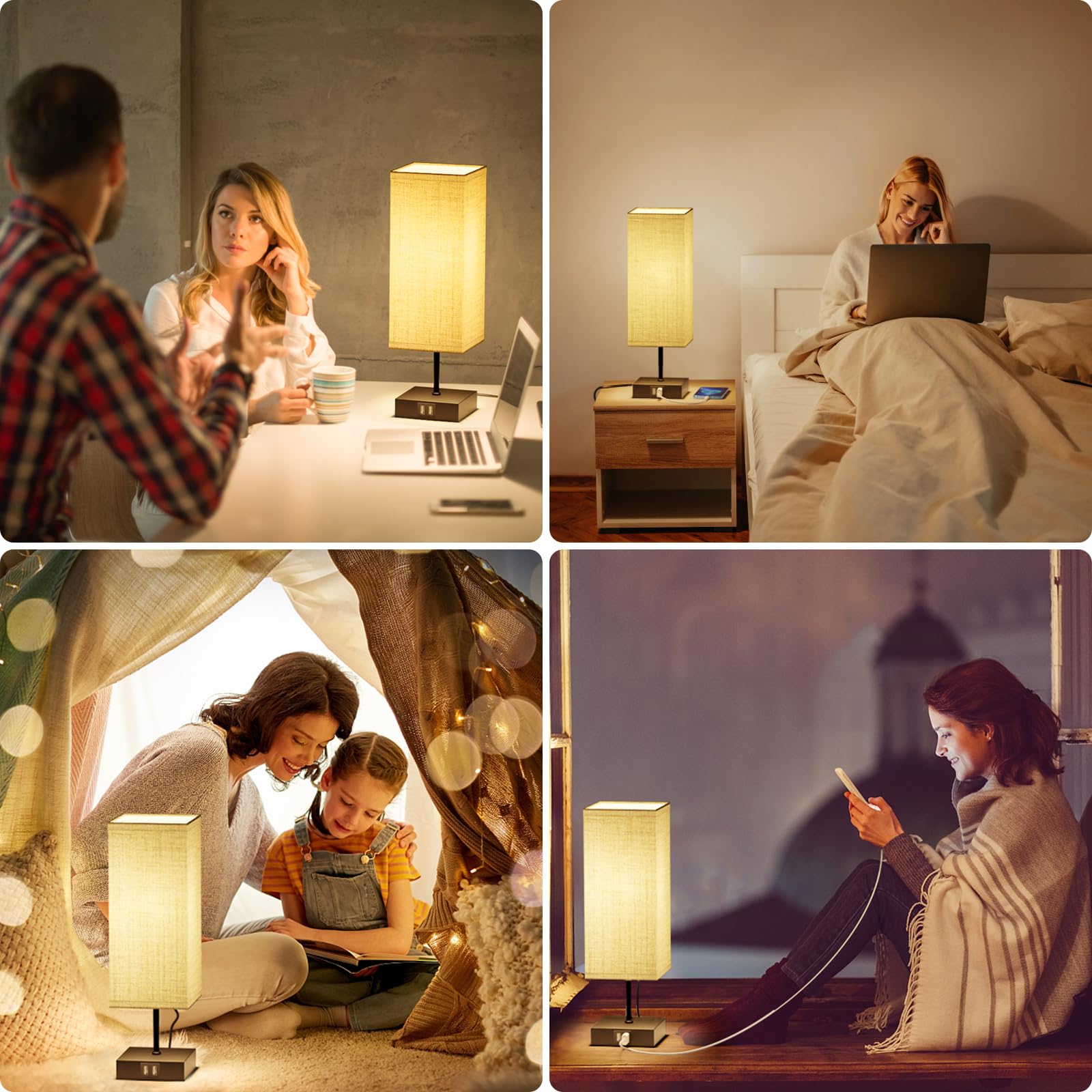 Lamparas de Mesita de Noche, Lámparas de Mesa con 2 Puertos USB de Carga Rrápida, 3 Temperaturas de Color y Regulación Continua, 2 Bombillas E27 de 6W para Dormitorio, Ssalón, Ooficina