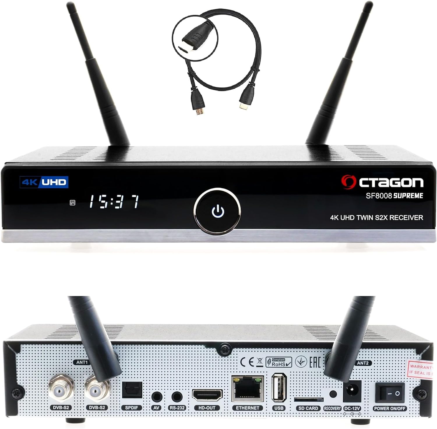 Octagon SF8008 UHD 4K Supreme Twin Sat Receiver + 1TB Festplatte INTERN, 2X DVB-S2X Tuner, E2 Linux & Define OS, mit Aufnahmefunktion, M.2 M Key, Gigabit LAN, Kartenleser, Sat to IP, WiFi WLAN