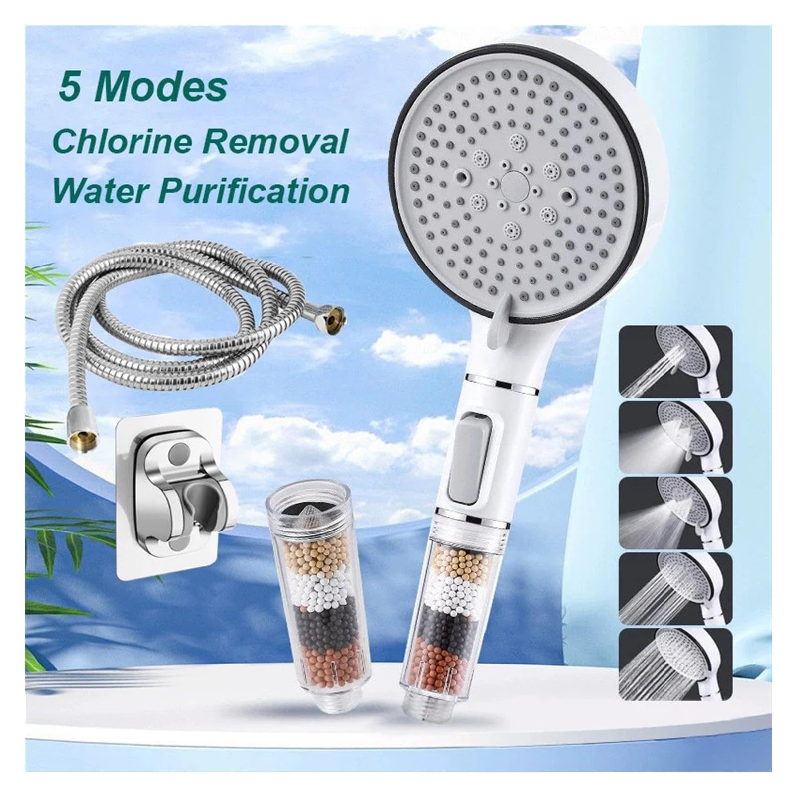 Cabezal De Ducha For Baño Con Botón De Parada, 5 Modos