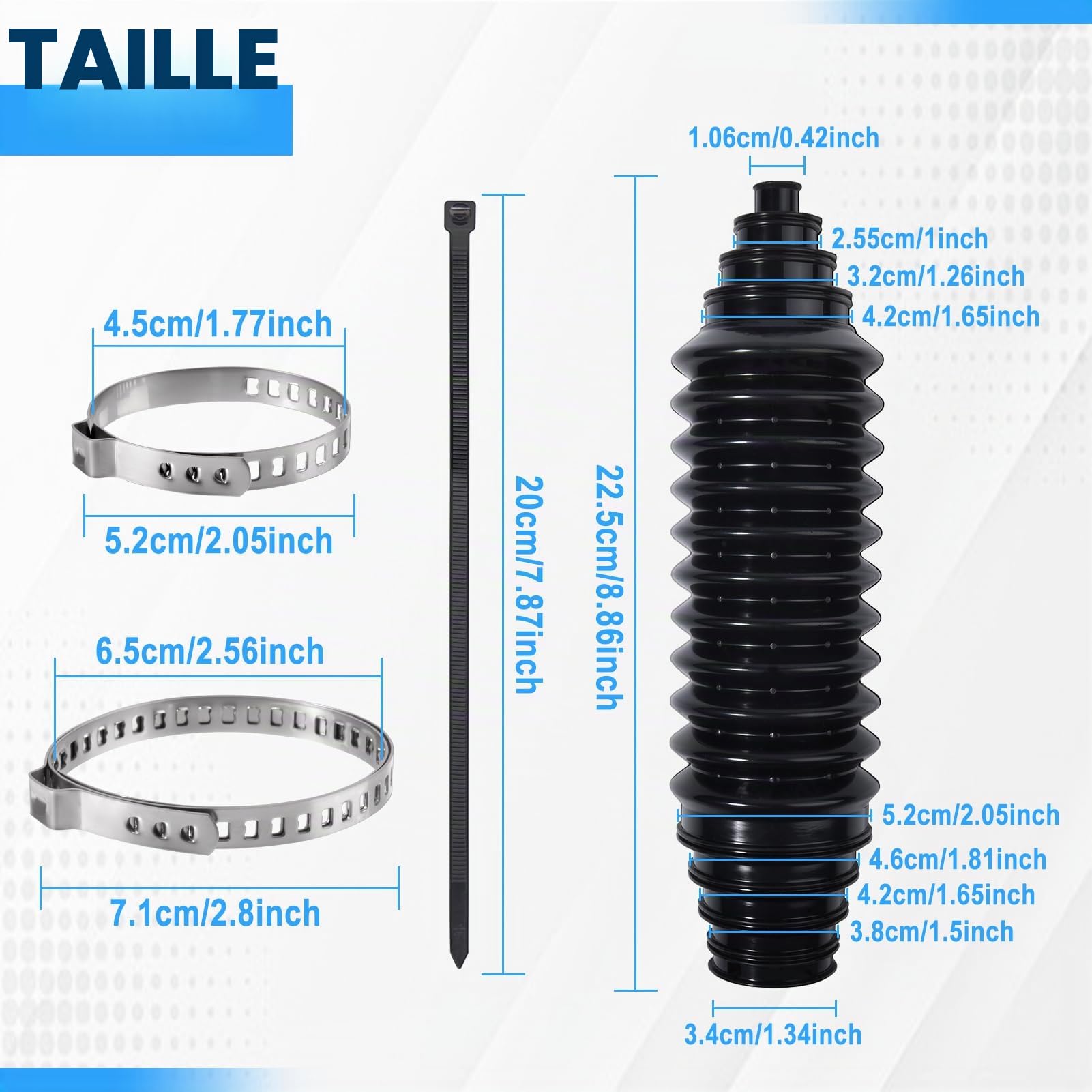 LEONTOOL Kit de soufflets de biellette de direction intérieure, 2 pièces de soufflets de biellette de direction universels réglables avec attaches de câbles et colliers de serrage