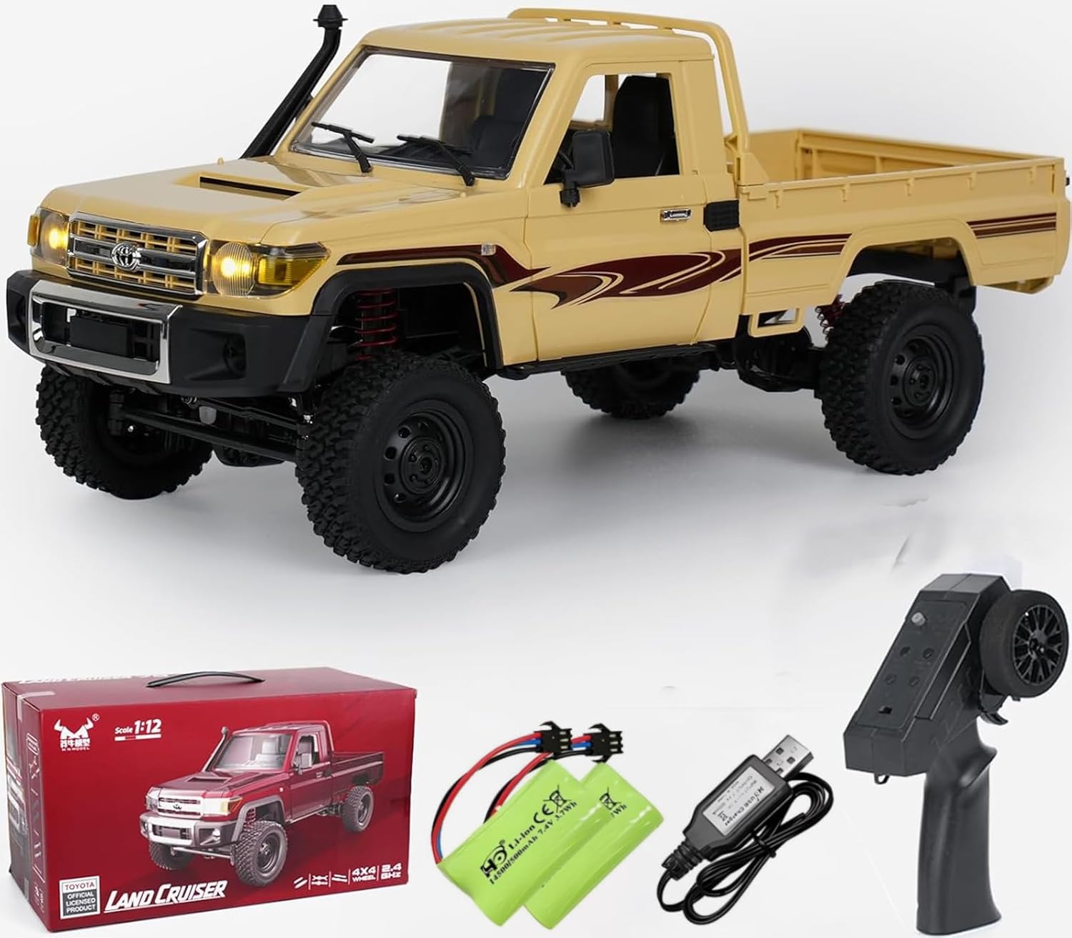 1:12 Scale Trucks MN82 RC Rock Crawler, 2.4Ghz Toyota Remote Control Truck, 4WD 2 Speeds Switch RC Crawler Off-Road Pick-up Equipped with 2 Rechargeable Batteries (Yellow)