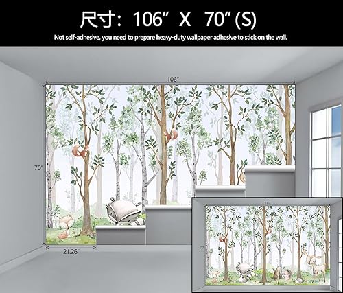 Miniatura 4 de Papel tapiz infantil con dibujos animados de animales de acuarela y bosque, adecuado para habitación de niños y niñas (no se puede despegar ni pegar)
