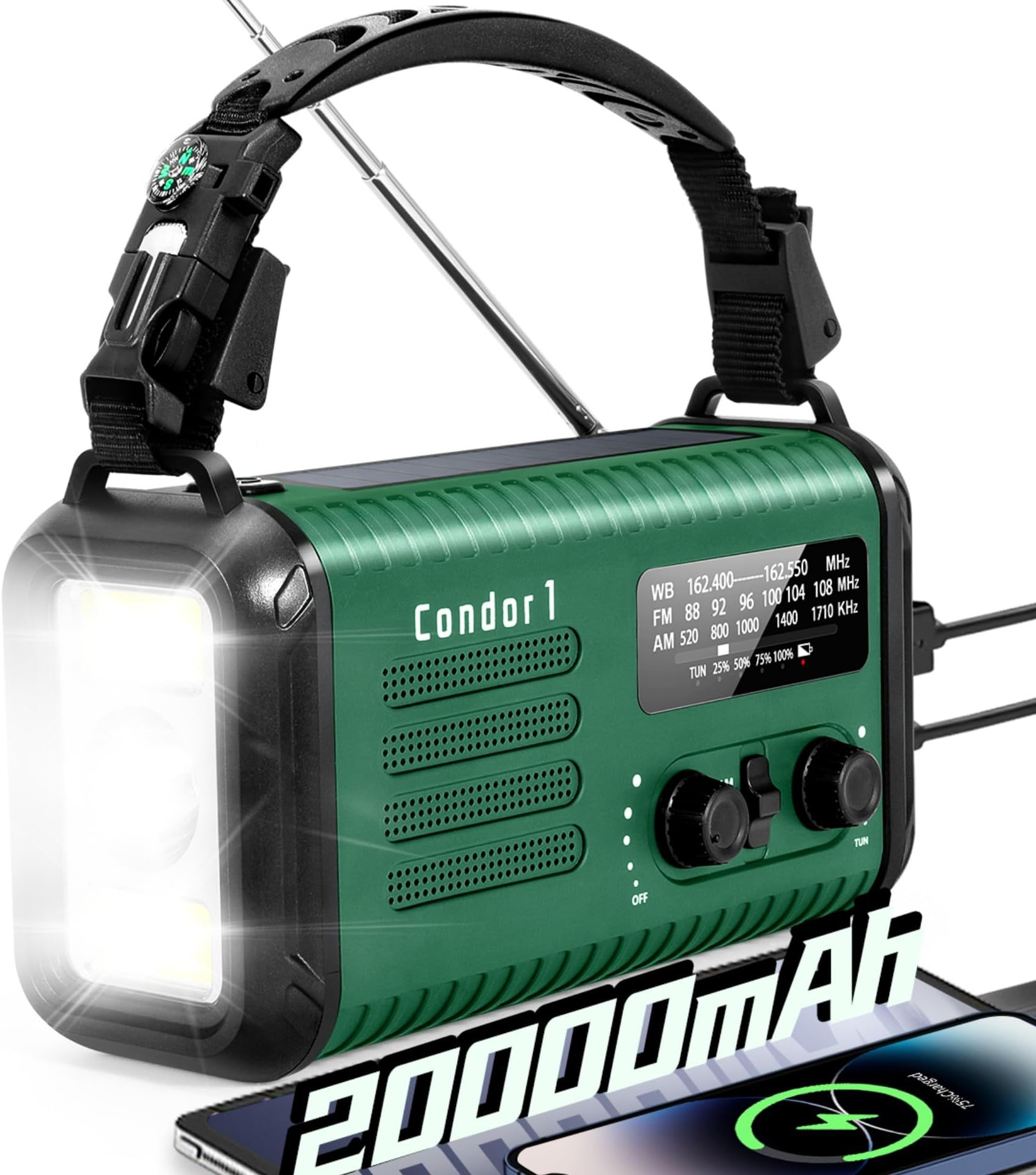 Emergency Crank Radio, 20000mAh / 74000mWh Solar Hand Crank Weather Radio with NOAA/AM/FM, Battery Powered Radio with Cell Phone Charger, Reading Lamp, Flashlight & SOS for Emergencies/Home (Green)