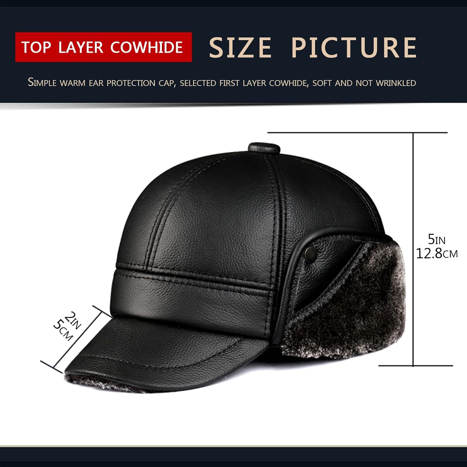 Caps for Men,Winter for Men Leather Earmuffs with Brim Warm and Windproof Flat Top Hat,Windproof Ear Flap Real Leather Hats,Wine red b,L