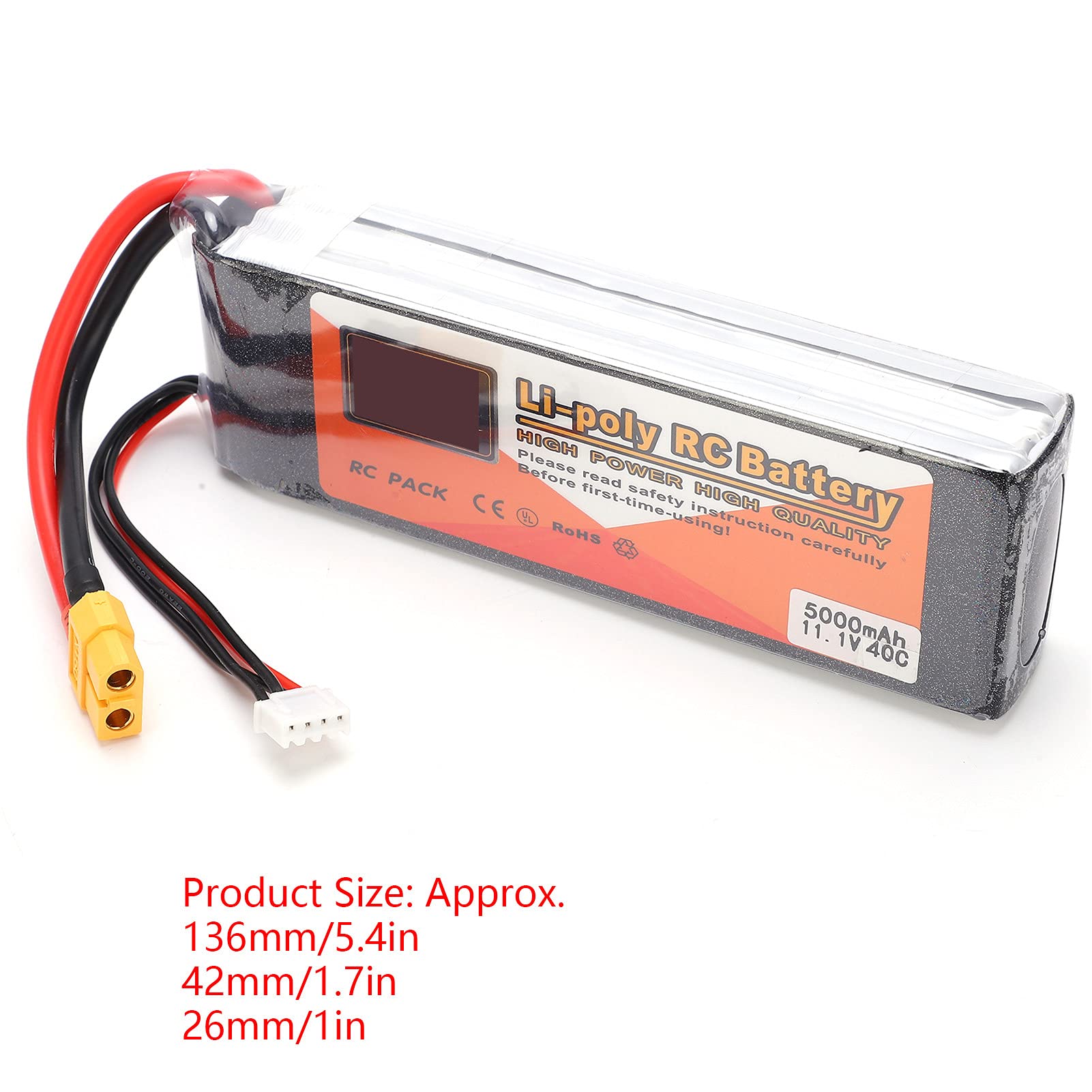 Batería de Litio, 11.1V 5000mAh 40C Lipo Battery XT60 Plug 3S Batería Recargable para RC Racing Drone