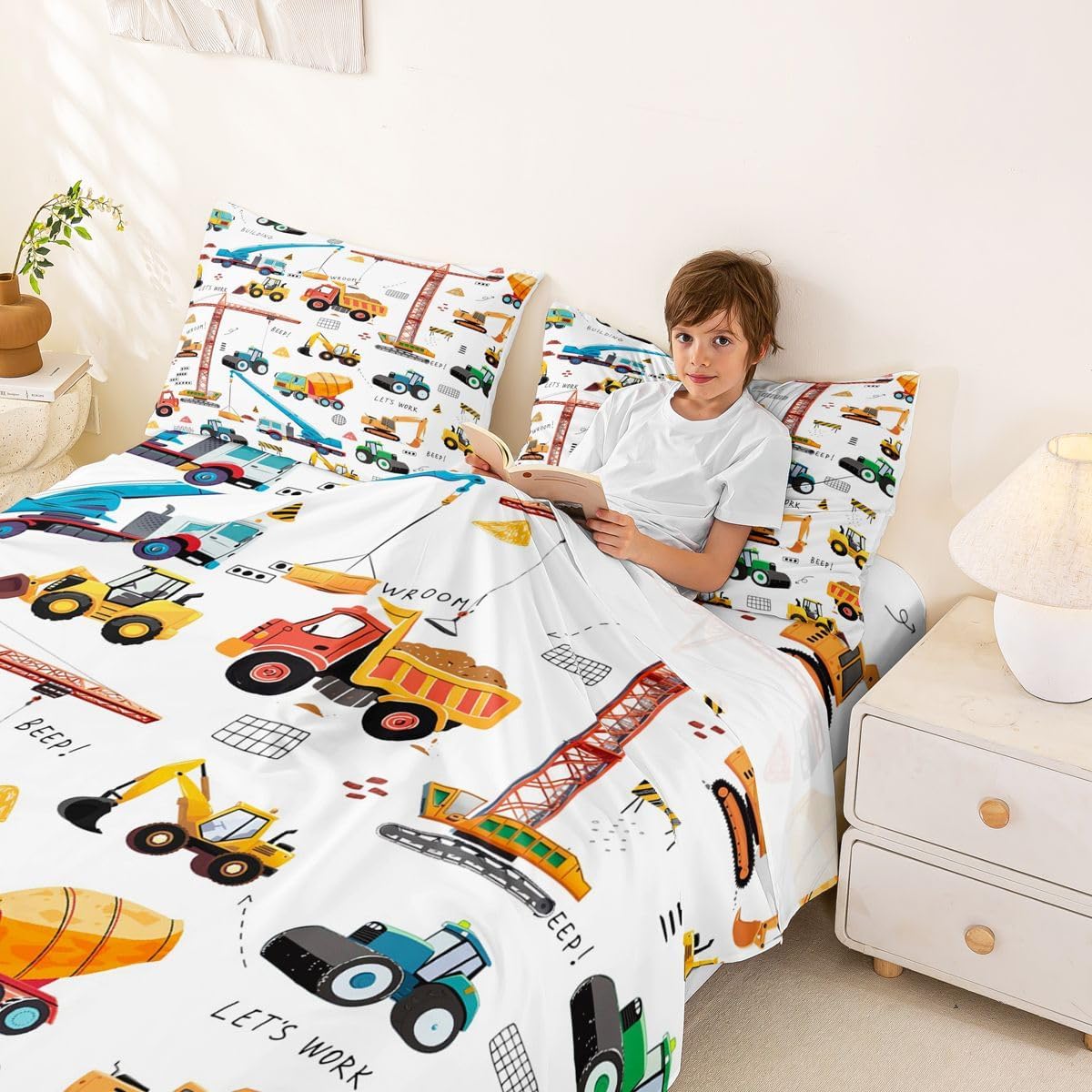 Excavator Bed Sheets King Size, Tractor Machinery Trucks Sheet Set, Kids Boys Construction Vehicle Fitted Sheet, Bulldozer Crane Equipment Truck Bed Sheet set With 2 Pillow Cases, Yellow Green