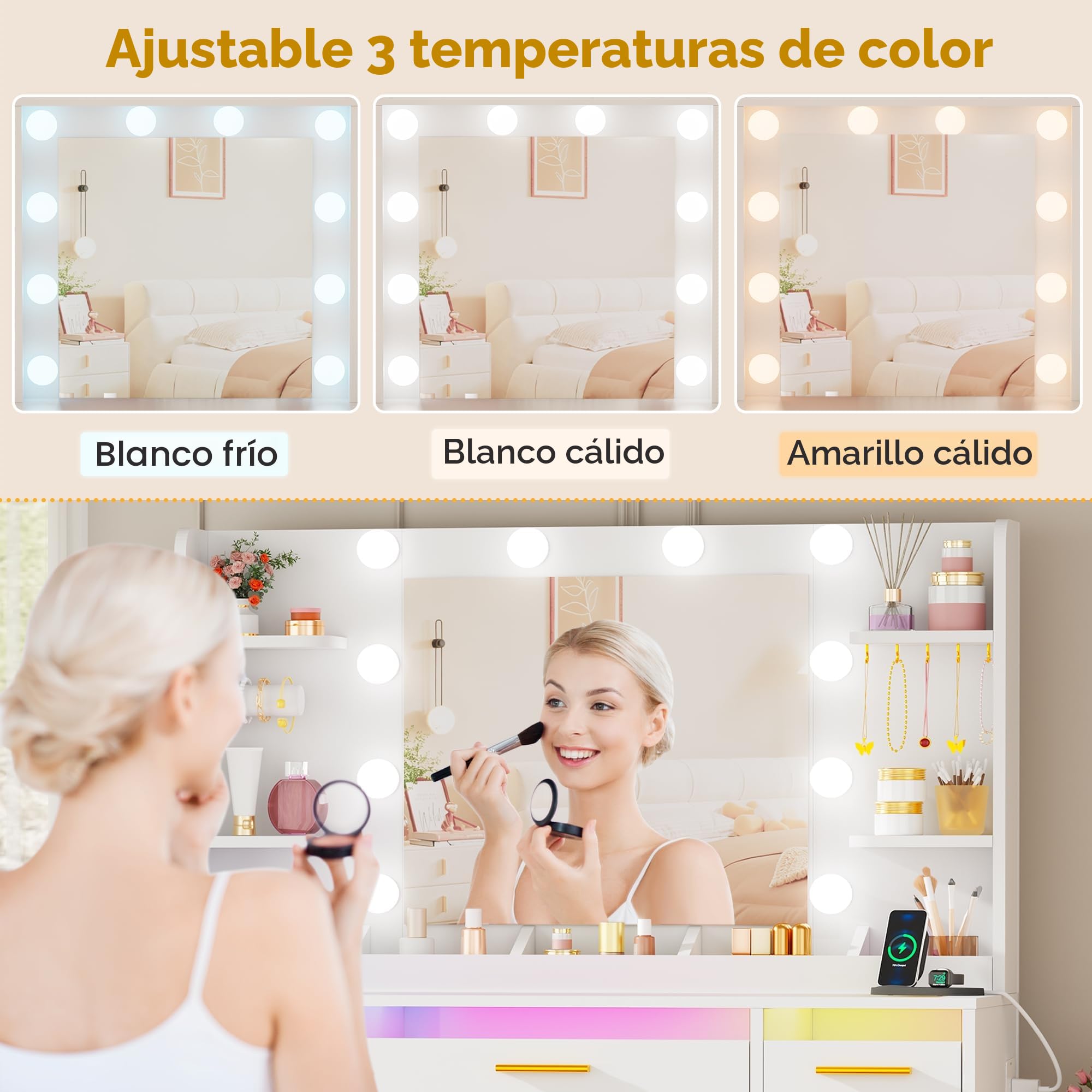 ANWBROAD Grande Tocador de Maquillaje con Espejo y Luces LED, 9 Cajones RGB, Mesa Moderna Blanco BDT95W