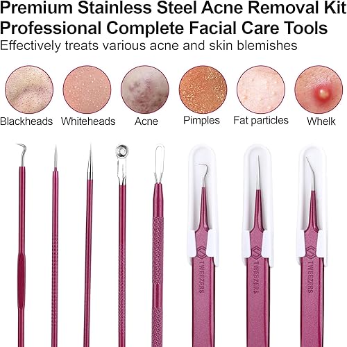 Miniatura 4 de 8 herramientas para eliminar puntos negros, aguja de espinillas, acero inoxidable, color rojo rosa, kit de herramientas con estuche de
