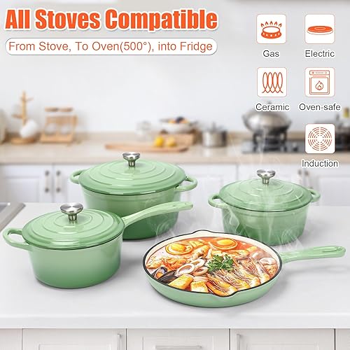 Miniatura 6 de Juego de utensilios de cocina de hierro fundido esmaltado antiadherente, 7 piezas de ollas y sartenes con tapa, sartén, cacerola, olla holandesa