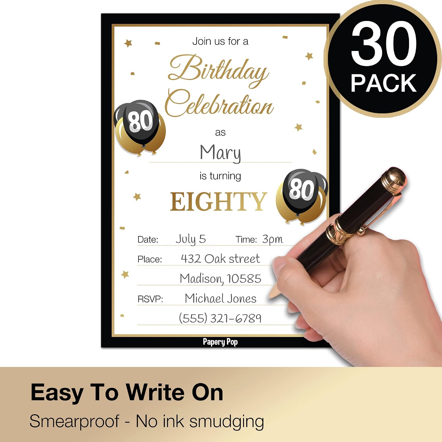 80th Birthday Invitations for Men or Women with Envelopes (30 Pack) - 80 Eighty Year Old Anniversary Party Celebration Invites Cards