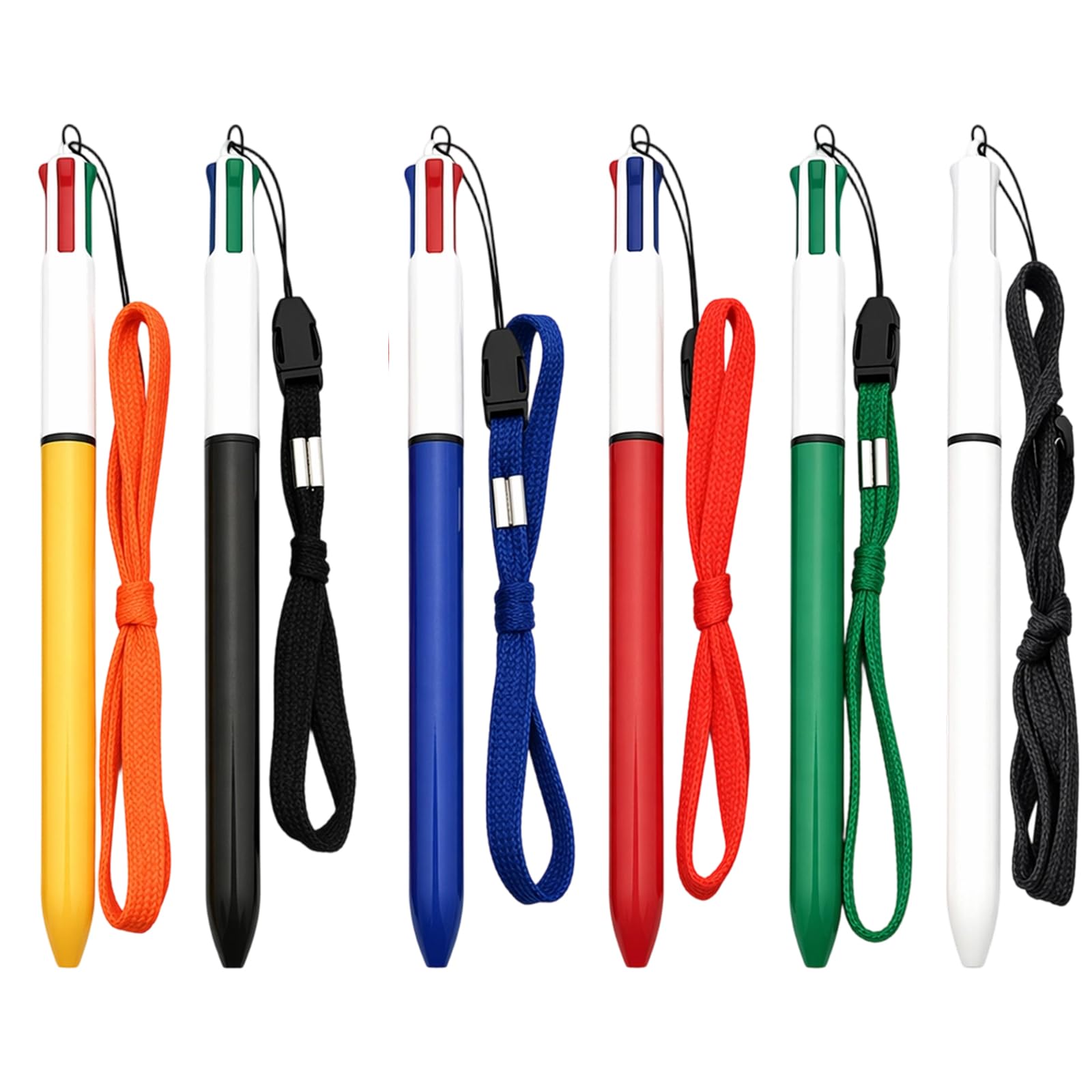 Kuwuarg Multi Pens 4 in One Lanyard Pen 6 Pack, Multicoloured one with 40cm Pen Lanyard, 0.5mm Smooth Writing Multi Colour Pens, Retractable 4 in 1 for School, Office, Meetings, Note Taking and Gifts