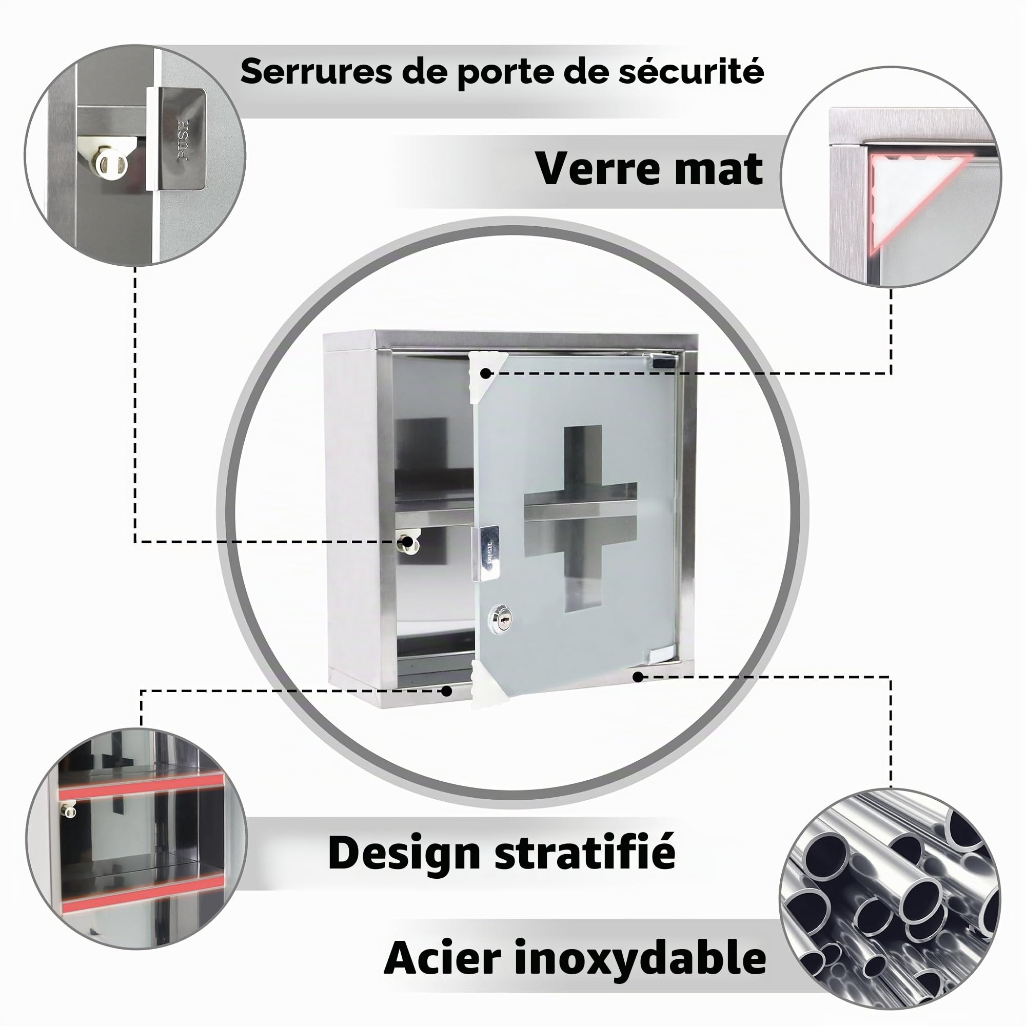 NAIZY Armoire À Pharmacie 2 Compartiments 30x12x30cm, Porte en Verre Dépoli Magnétique, 2 Clés, Verrouillable, Suspendue