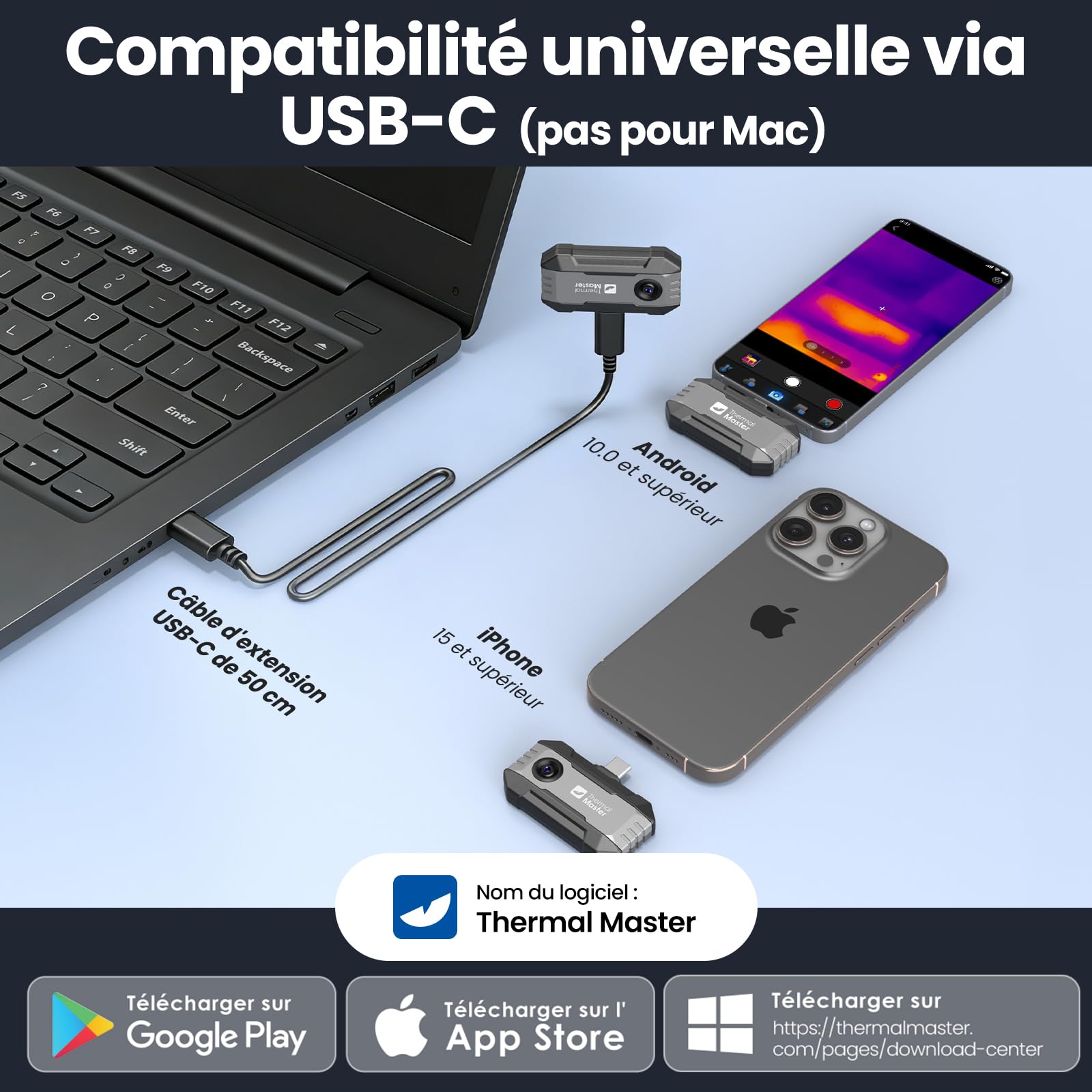 Thermal Master P1 Caméra Thermique pour iPhone & Android USB-C, X³ IR Résolution 320x240, -20°C à 600°C, 15x Zoom, 25 Hz Caméra Infrarouge pour Inspection Maison, CVC & Électricité
